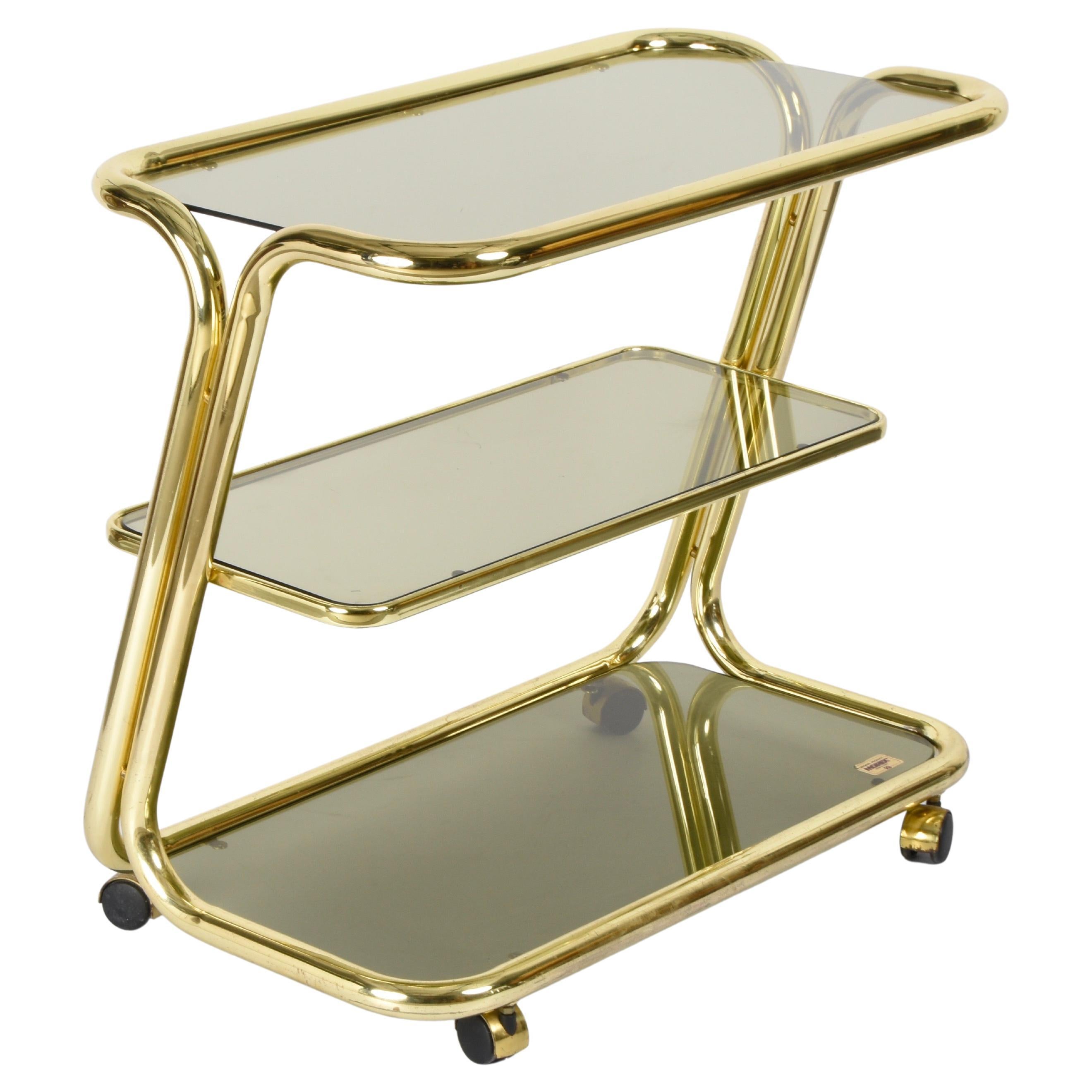 Midcentury Morex Three Levels Brass and Smoked Glass Italian Bar Cart, 1970s