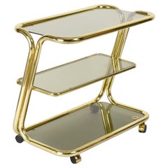 Retro Midcentury Morex Three Levels Brass and Smoked Glass Italian Bar Cart, 1970s