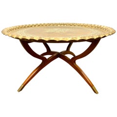 Midcentury Moroccan Brass Tray on Mahogany Folding Stand Coffee Cocktail Table