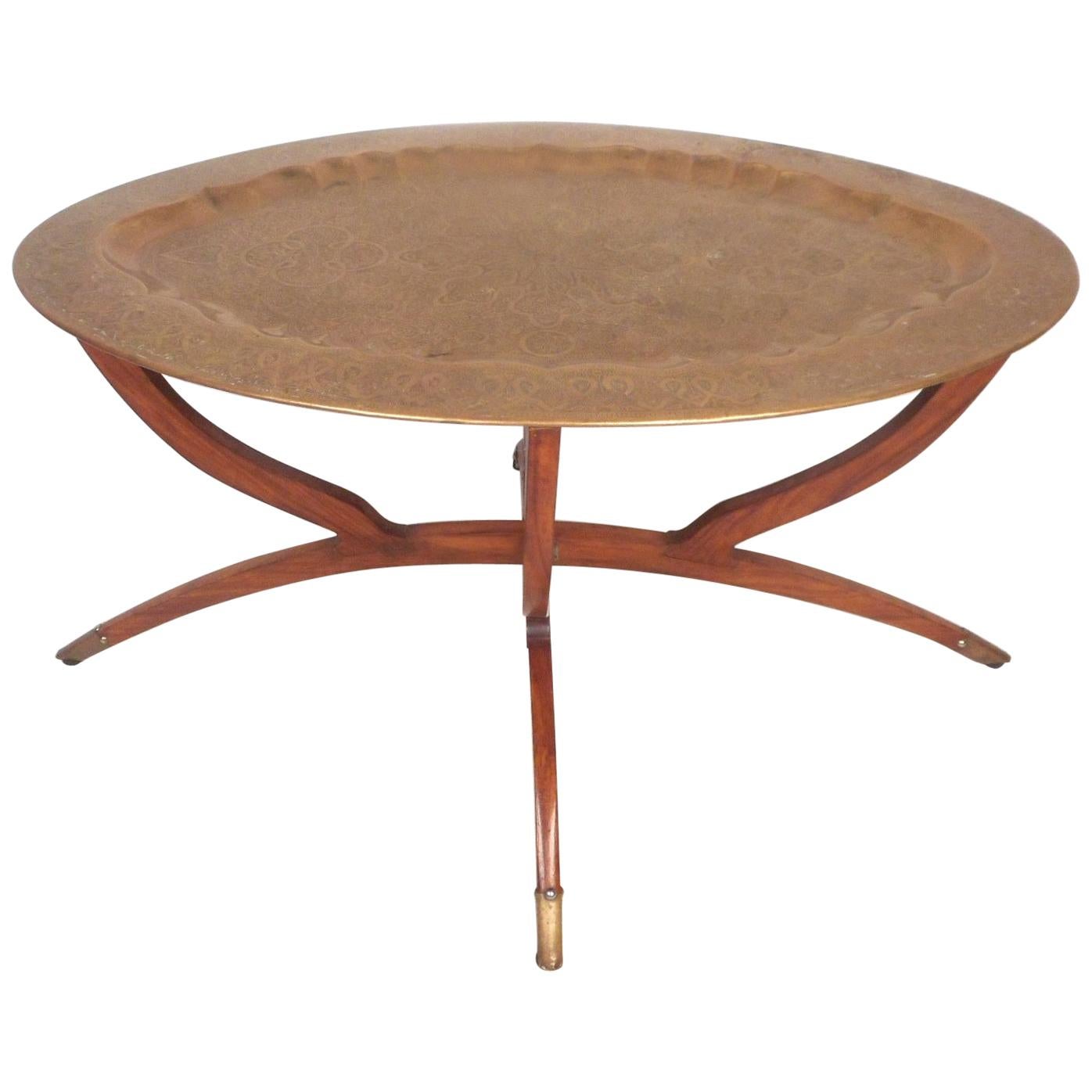 Midcentury Moroccan Brass Tray Top Coffee Table For Sale at 1stDibs