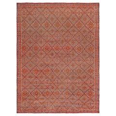 Midcentury Moroccan Red, Orange and Blue Handmade Wool Rug