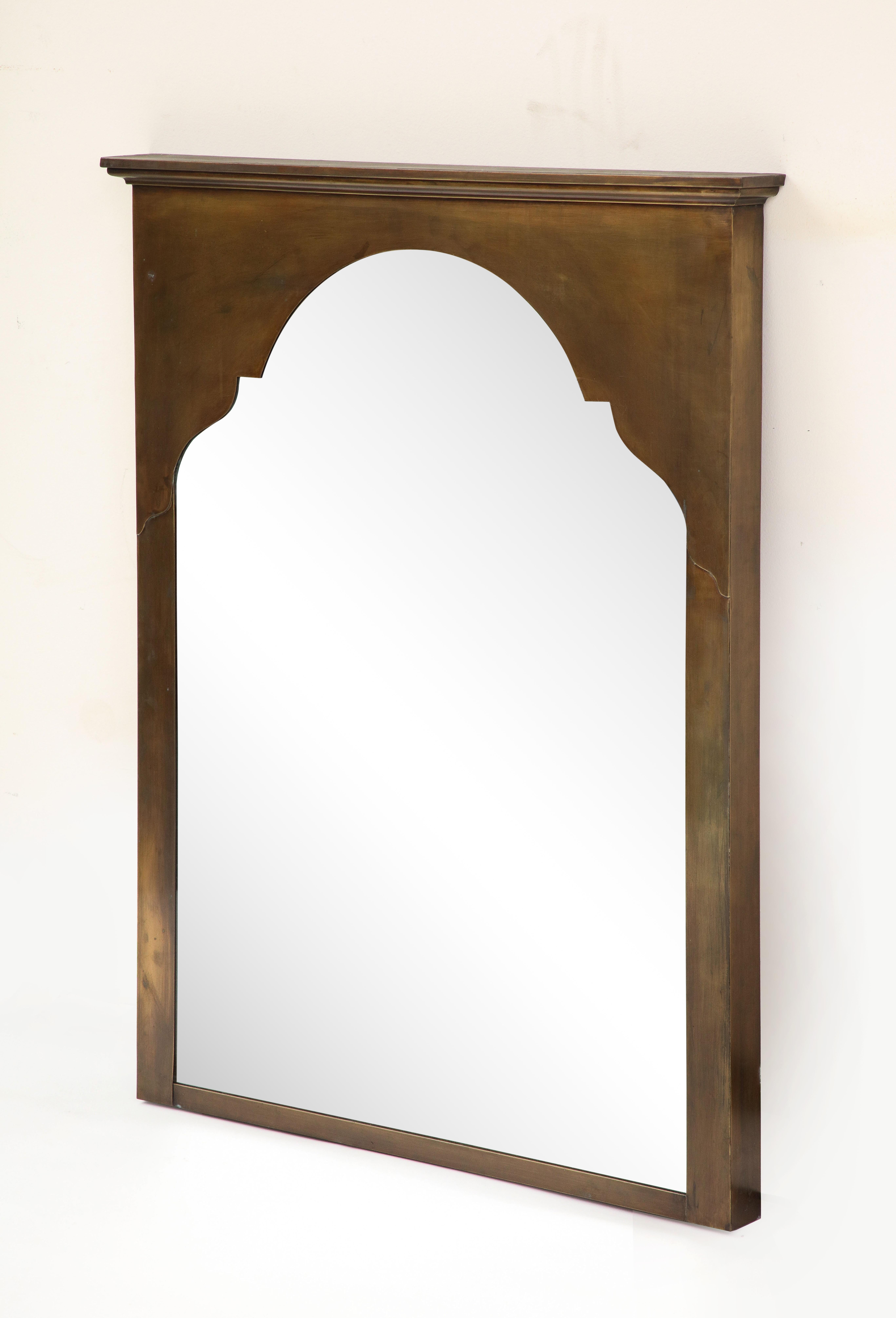 Midcentury Moroccan style brass wall mirror, 1960s. Masonite back and hanging wire.