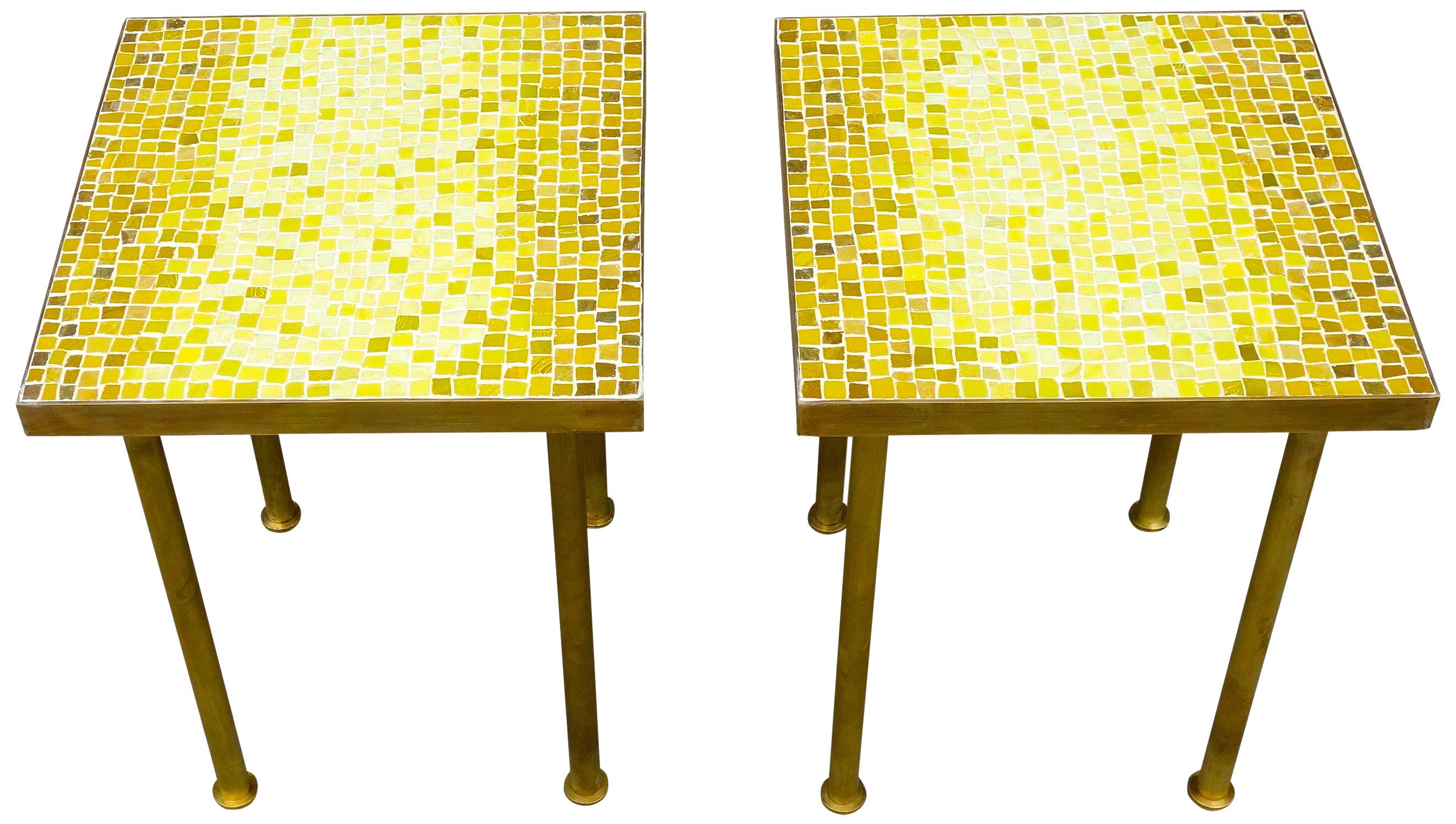 For your consideration is this incredible pair of smalti glass mosaic side tables on a solid brass frame. Wonderful shades of yellow will highlight your space with a midcentury aesthetic that can match any decor.  Designed by Yupadee 