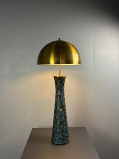 Midcentury mosaic and brass XL table lamp with gold mushroom dome shade, 1960s