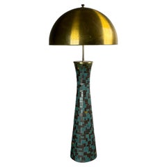 Midcentury mosaic and brass XL table lamp with gold mushroom dome shade, 1960s