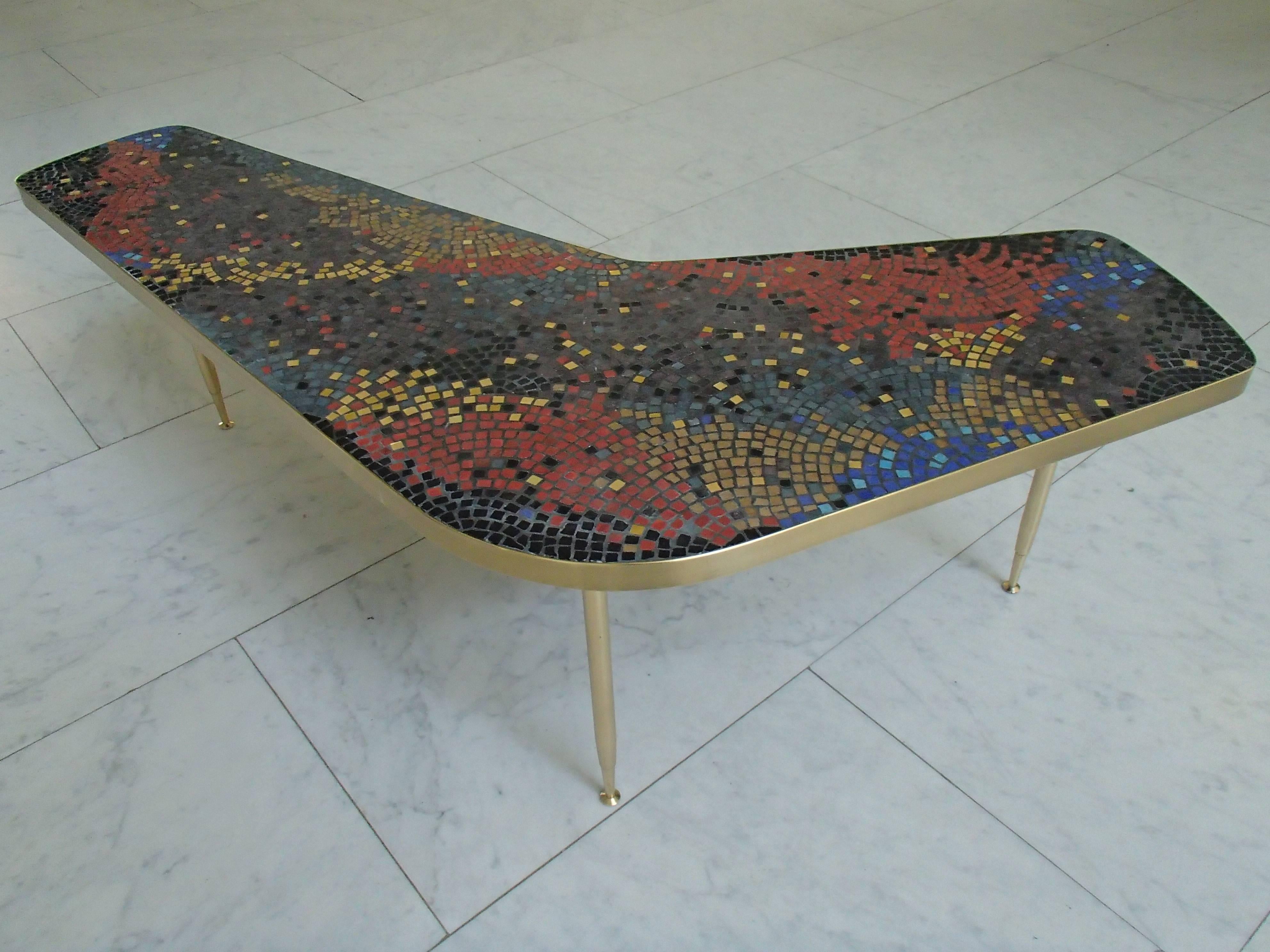 Midcentury mosaic coffee table triangle brass legs.