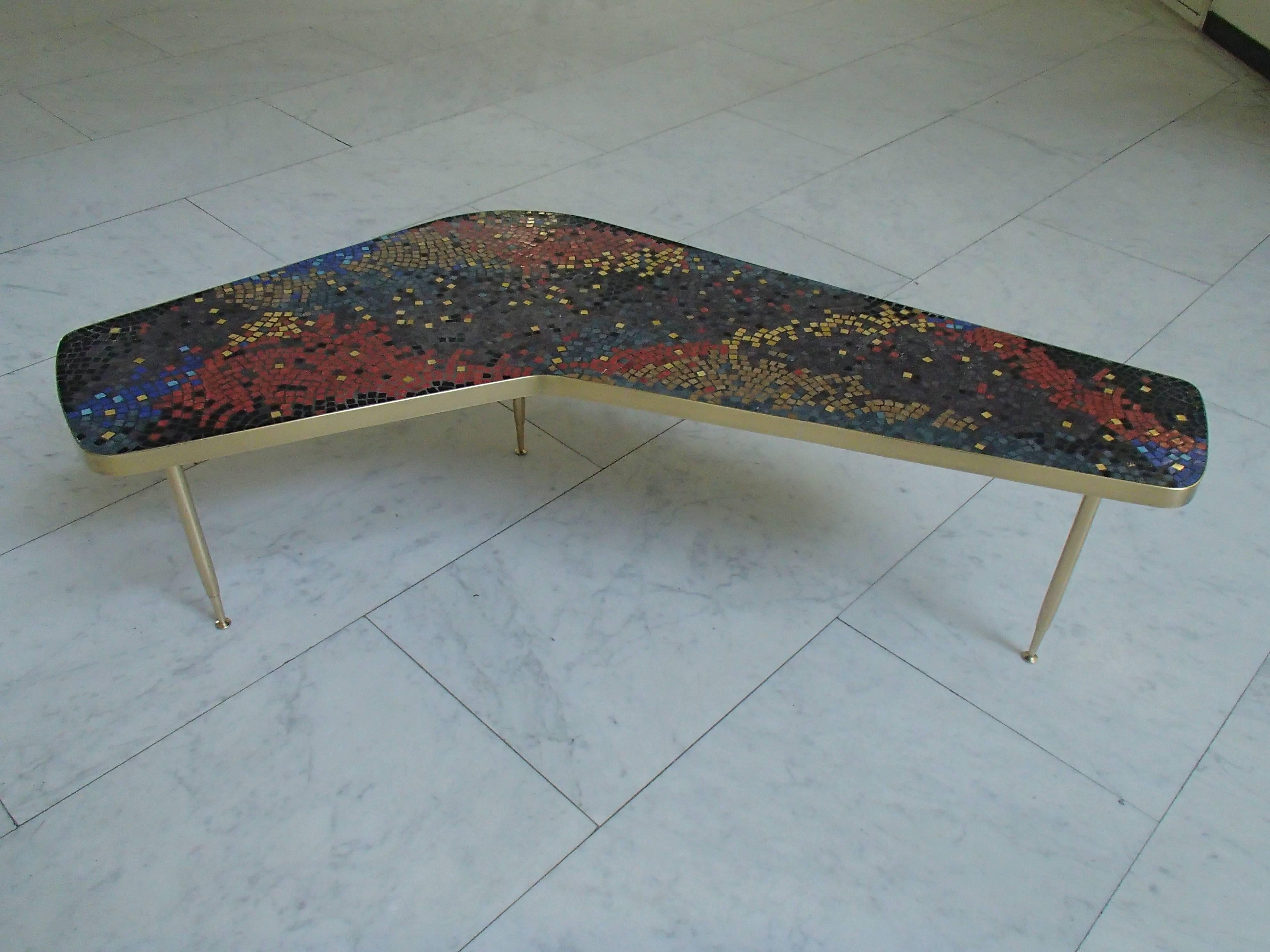 Mid-Century Modern Midcentury Mosaic Coffee Table Triangle Brass Legs