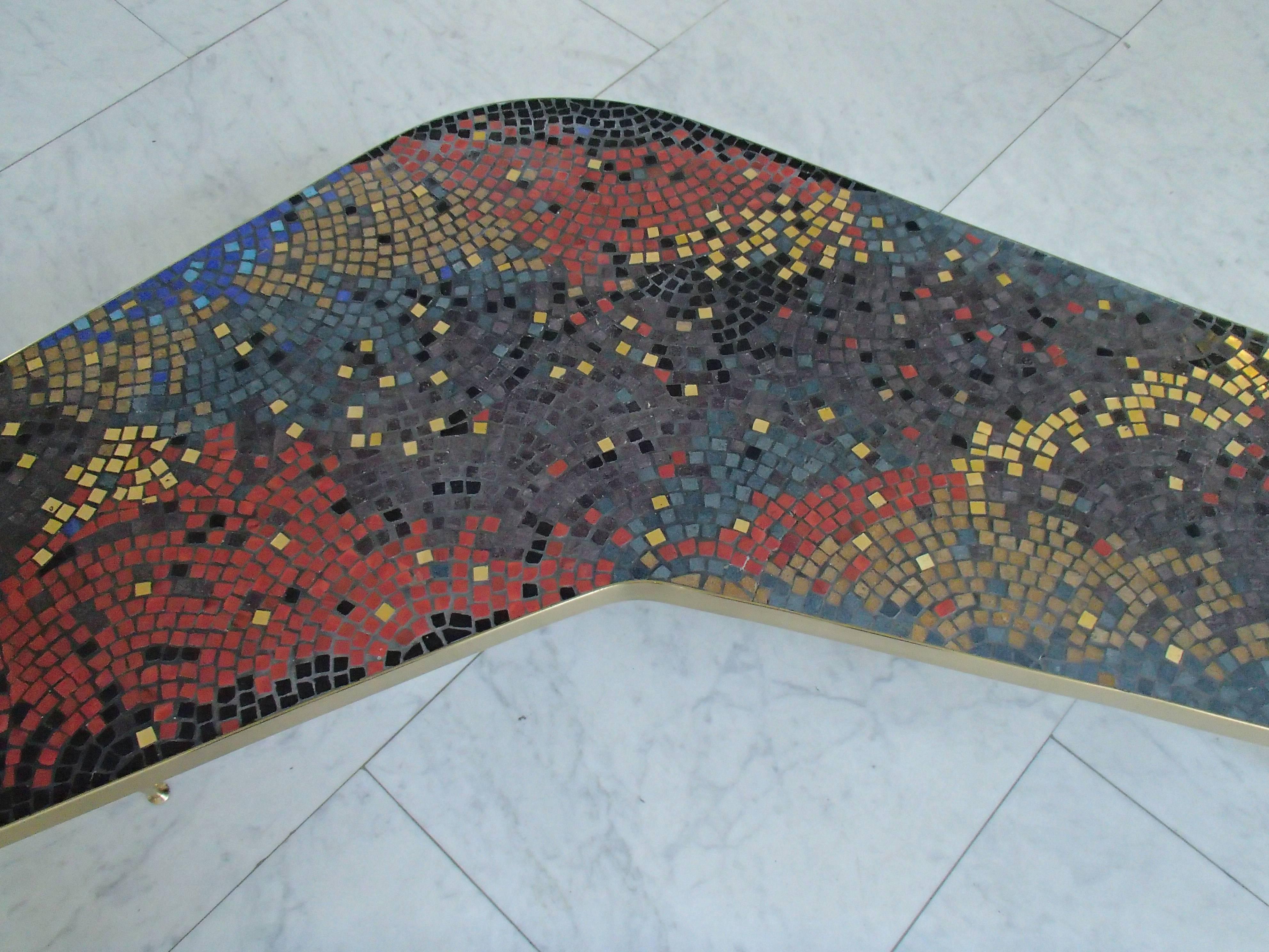 Dyed Midcentury Mosaic Coffee Table Triangle Brass Legs