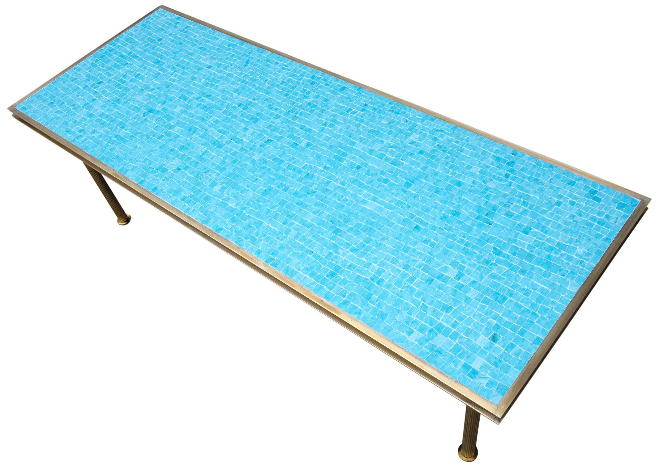 Midcentury Mosaic Coffee Table with Brass Frame For Sale 2