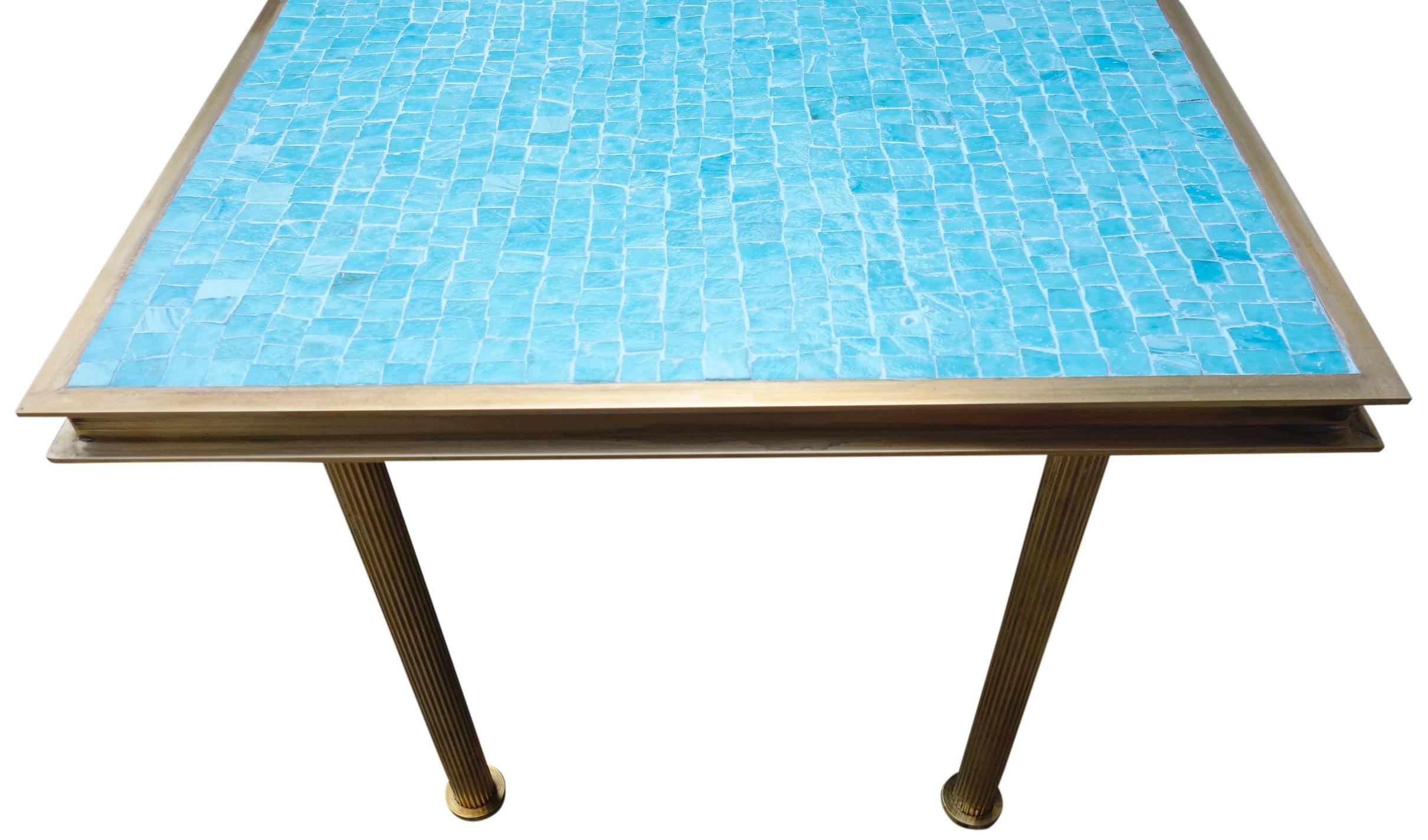Midcentury Mosaic Coffee Table with Brass Frame For Sale 3