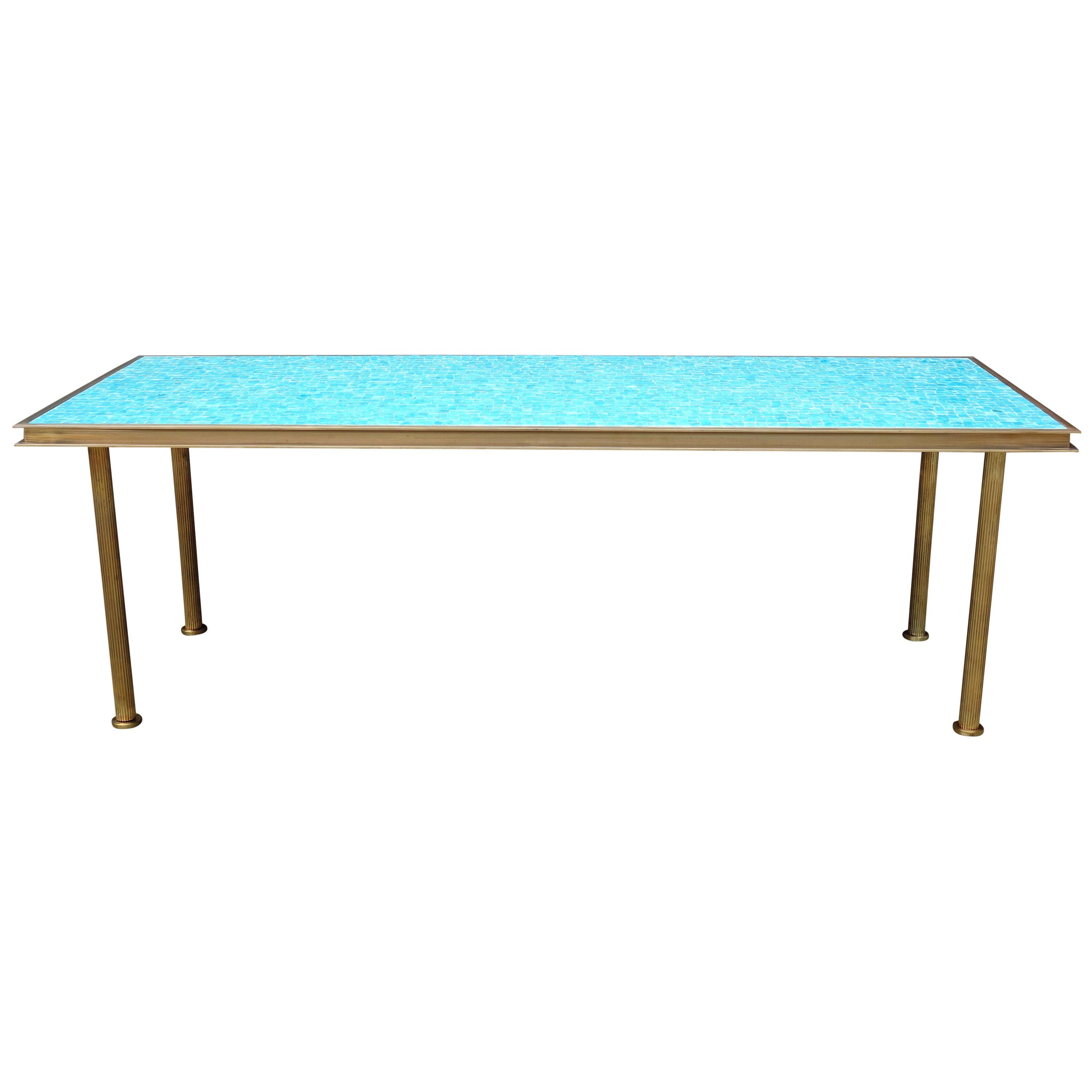 Midcentury Mosaic Coffee Table with Brass Frame For Sale