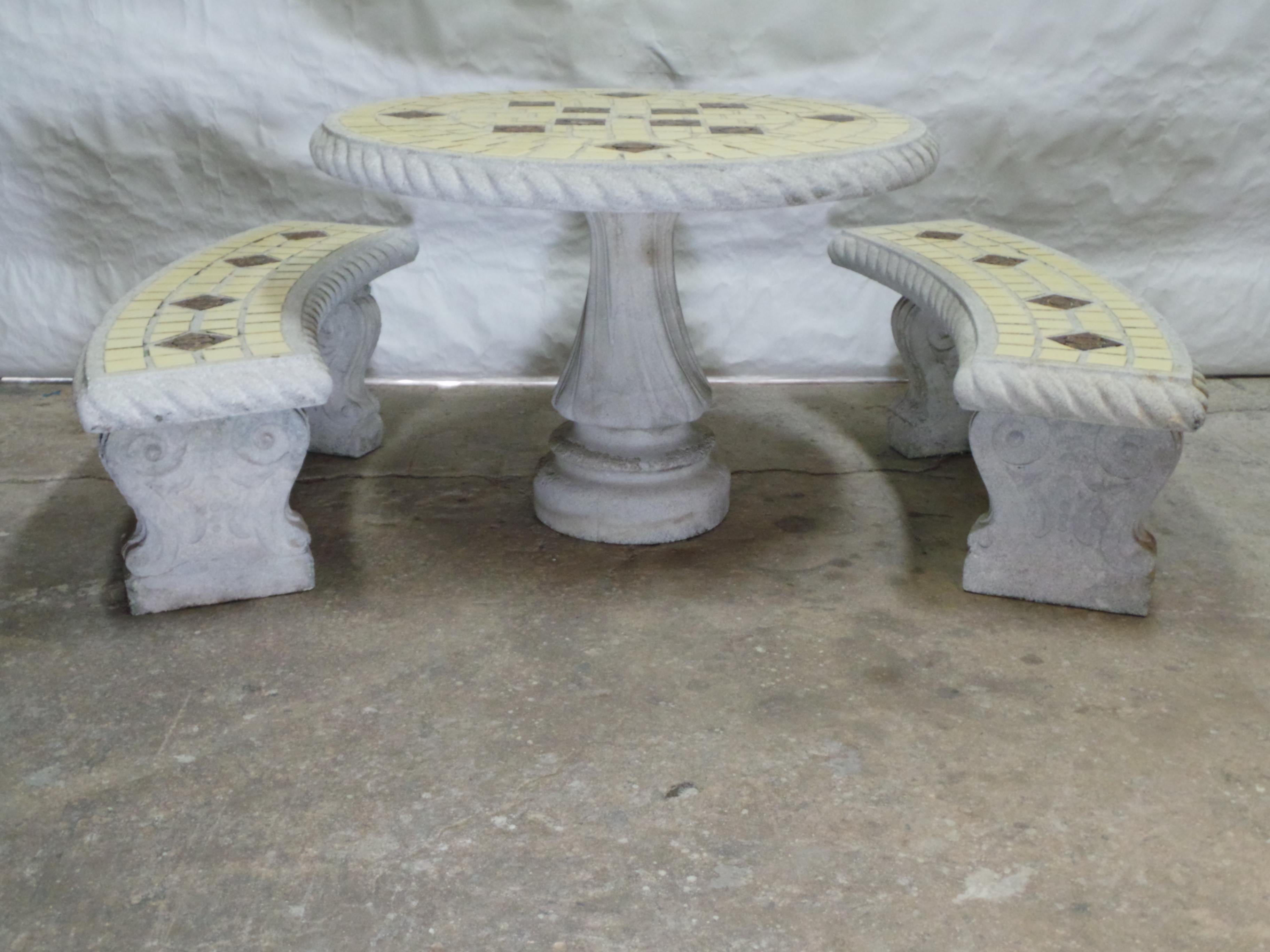This is a Midcentury Mosaic Garden Table & Benches. it s in Original condition and has a fue age cracks but NO Structural damage!!!