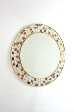 Midcentury Mosaic Round Wall Mirror, Multicolor & Silvered Art Glass Tiles Frame