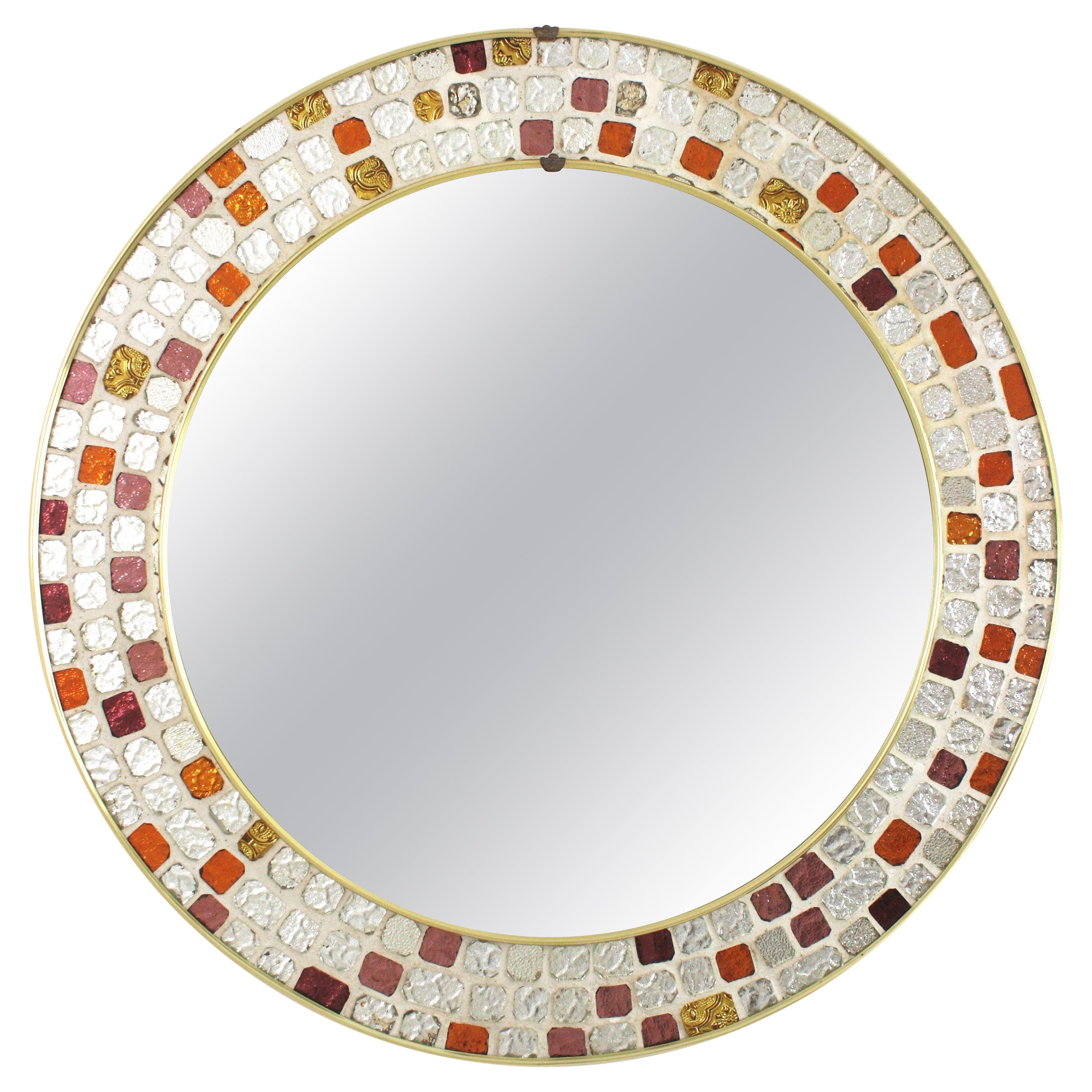 Midcentury Mosaik runder Wandspiegel, Multicolor & versilberte Kunstglasfliesen Rahmen im Angebot