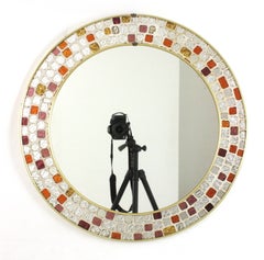 Midcentury Mosaik runder Wandspiegel, Multicolor & versilberte Kunstglasfliesen Rahmen