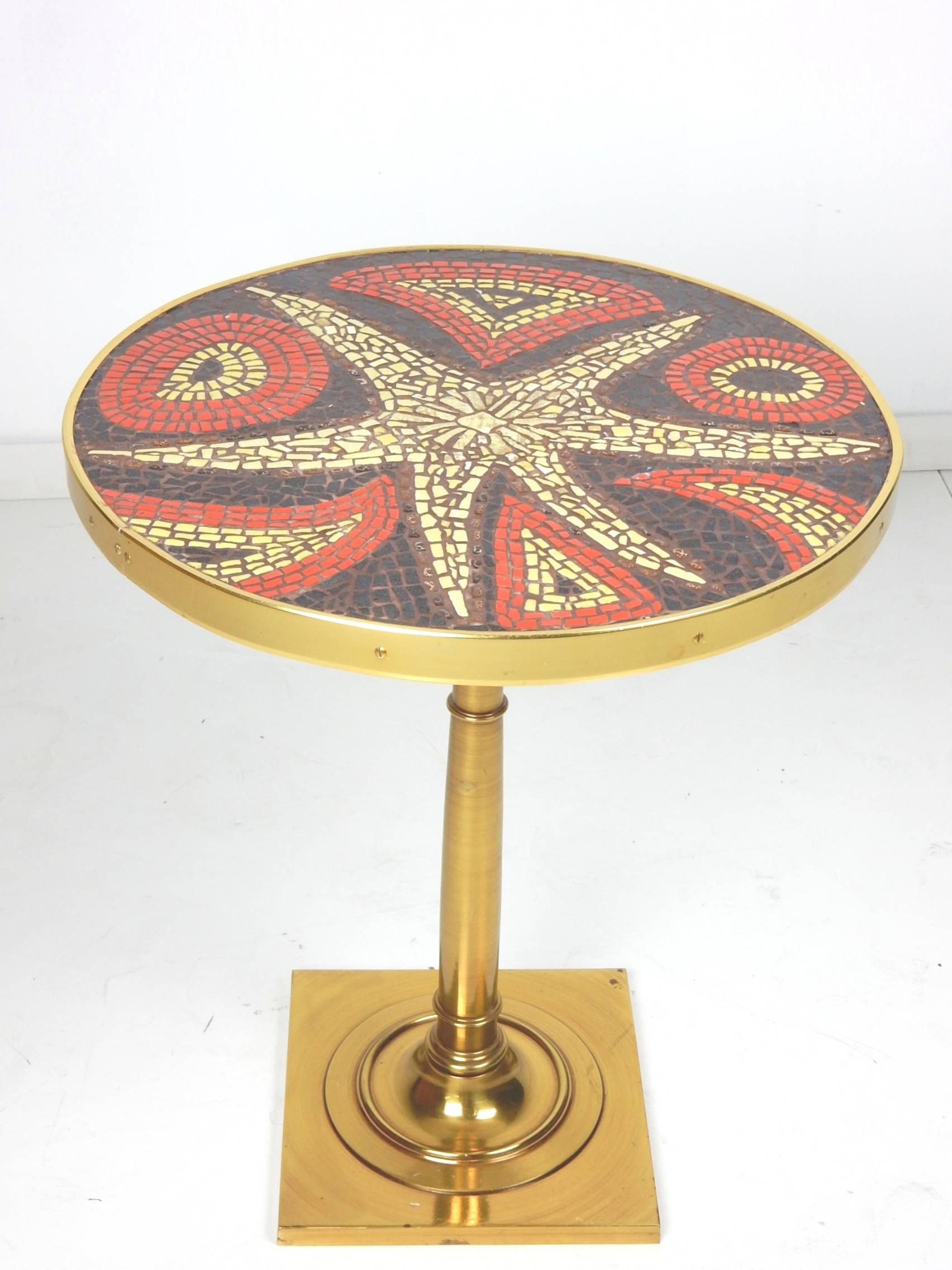 Mid-20th Century Mid Century Mosaic Tile Modernist Art Top Brass Side Table