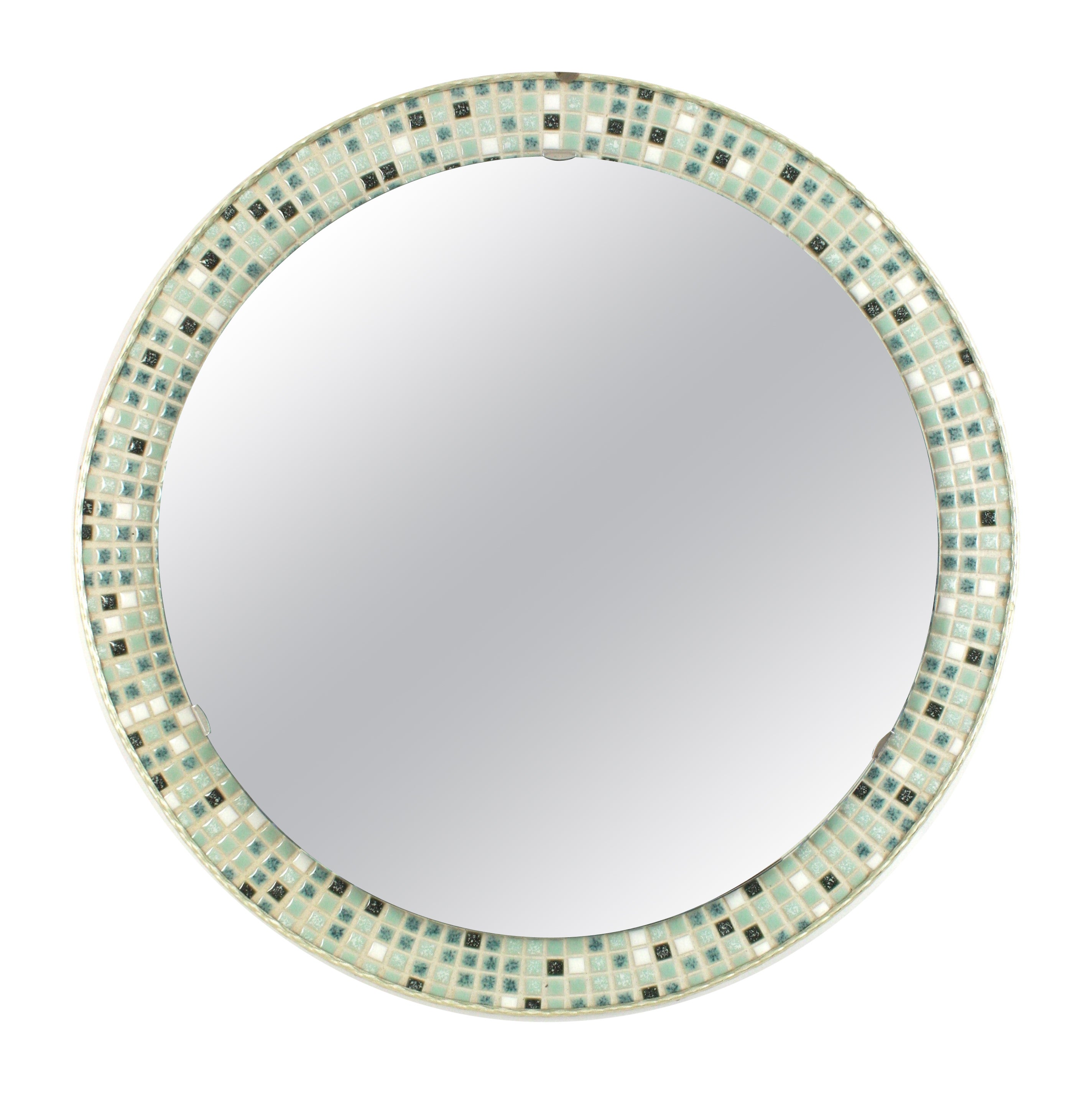 Midcentury Multi Color Blue Mosaic Round Mirror in Glazed Ceramic, Spain 1960 For Sale