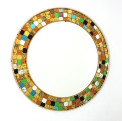 Midcentury Multi Color Round Wall Mirror with Art Glass Mosaic Frame