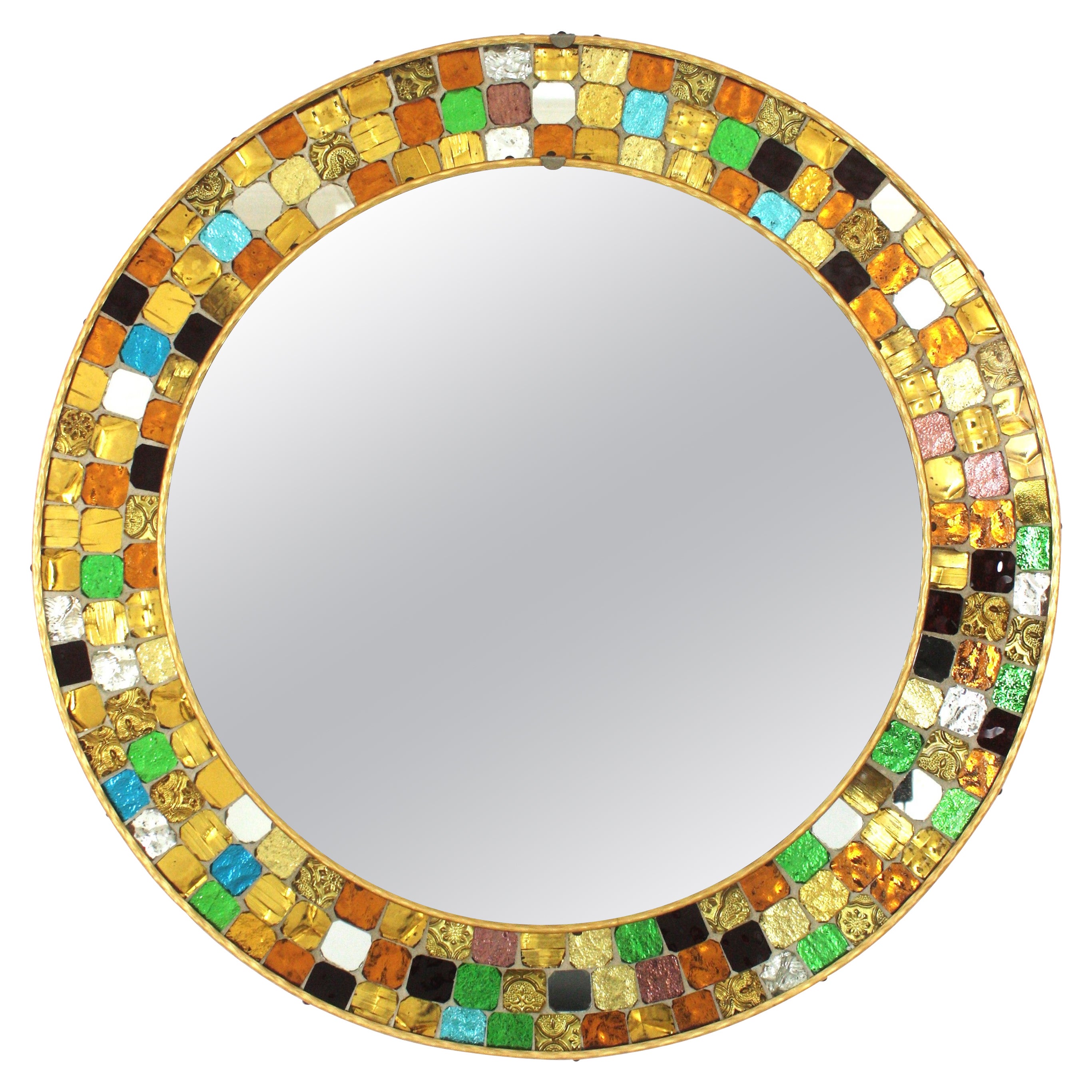 Midcentury Multi Color Round Wall Mirror with Art Glass Mosaic Frame