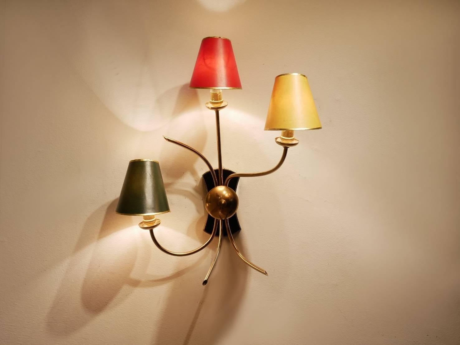 Midcentury Multi-Color Shades & Organic Tree Shaped Brass Structure Wall Sconce For Sale 4