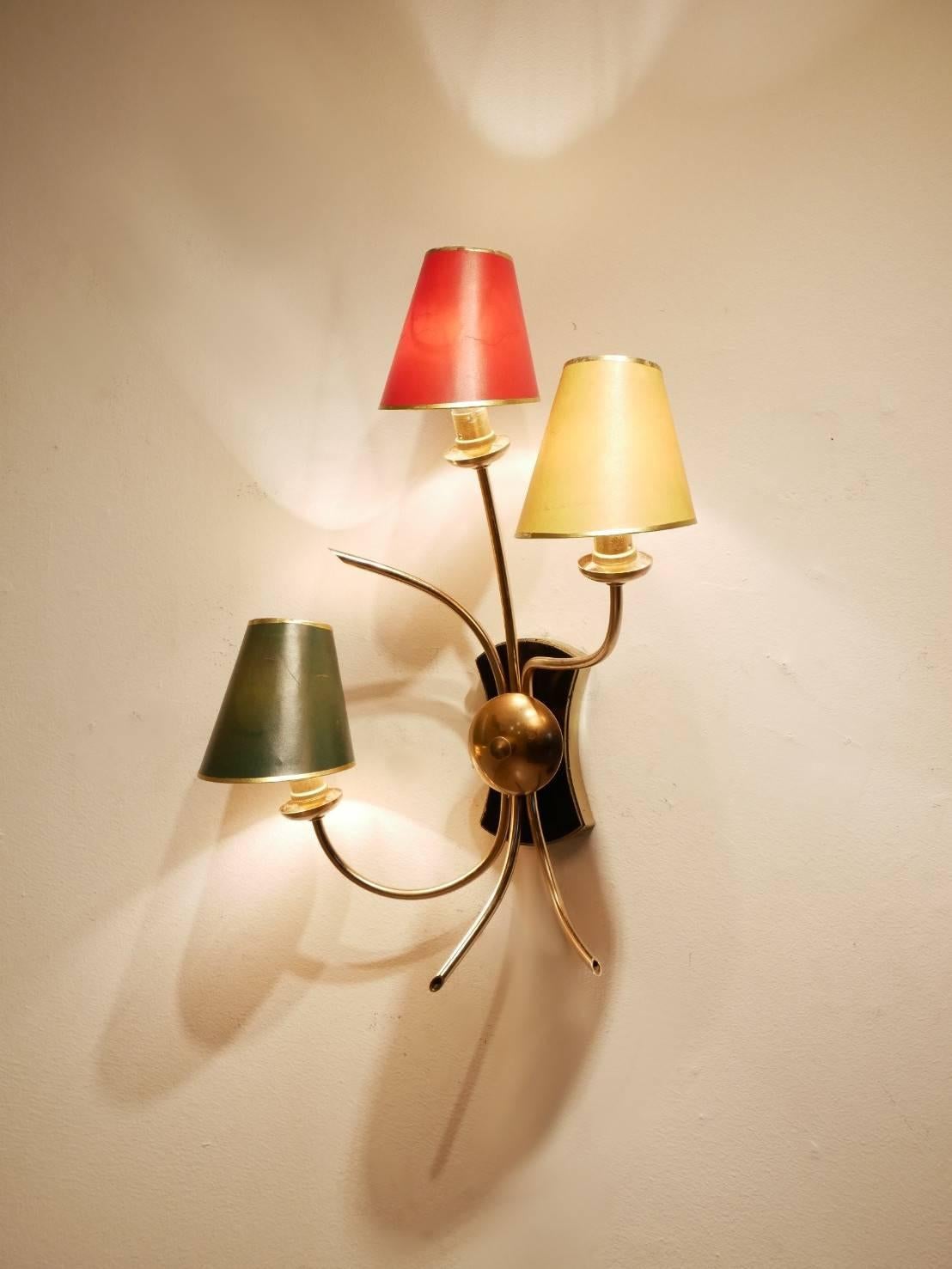 Midcentury Multi-Color Shades & Organic Tree Shaped Brass Structure Wall Sconce For Sale 3