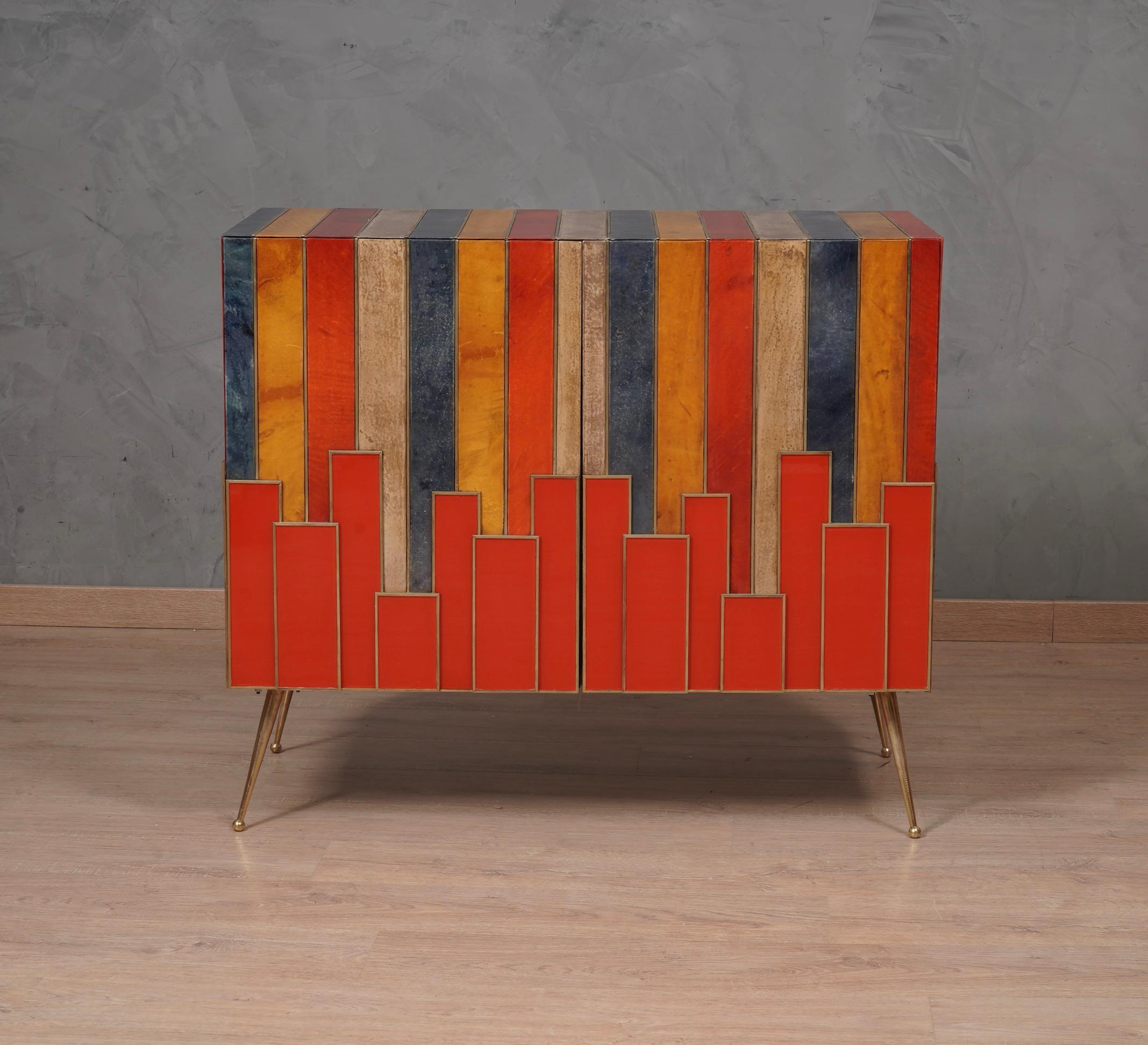 Mid-Century Modern MidCentury Multicolor Goatskin Brass and Red Glass Sideboard, 1980 For Sale
