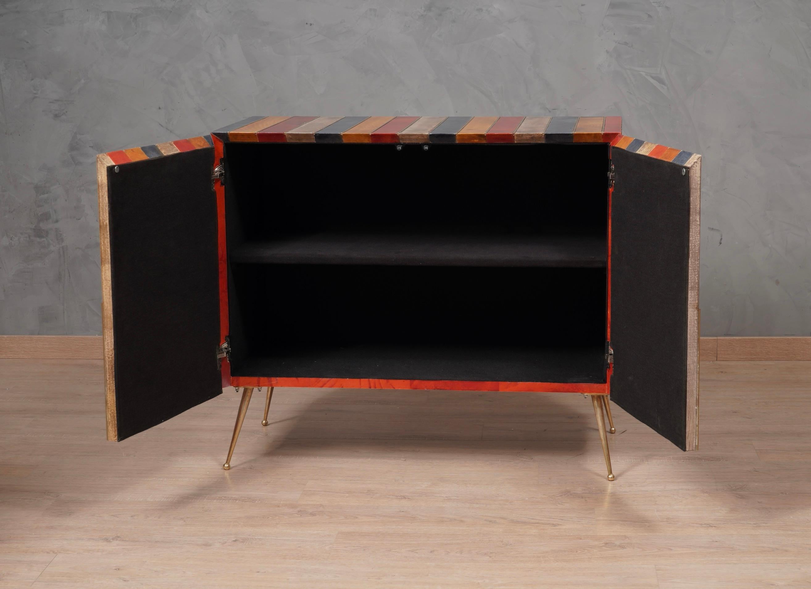 MidCentury Multicolor Goatskin Brass and Red Glass Sideboard, 1980 In Good Condition For Sale In Rome, IT