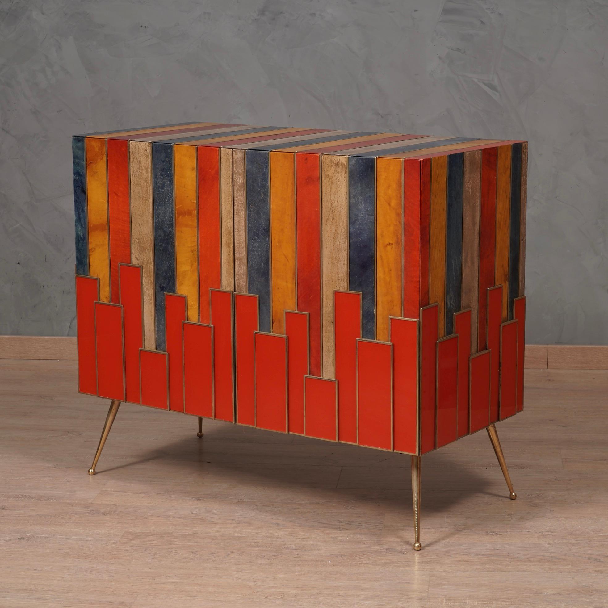 Late 20th Century MidCentury Multicolor Goatskin Brass and Red Glass Sideboard, 1980 For Sale