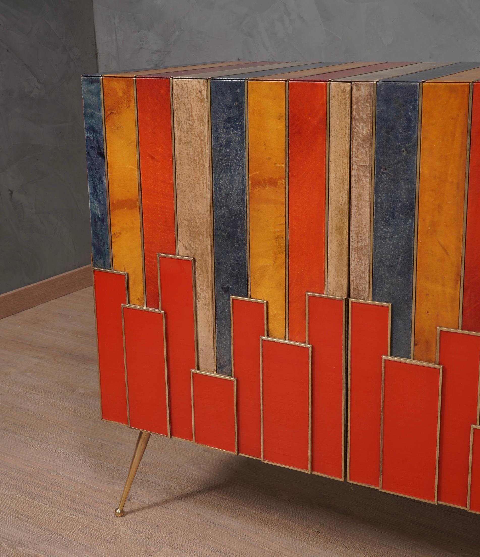 MidCentury Multicolor Goatskin Brass and Red Glass Sideboard, 1980 For Sale 1