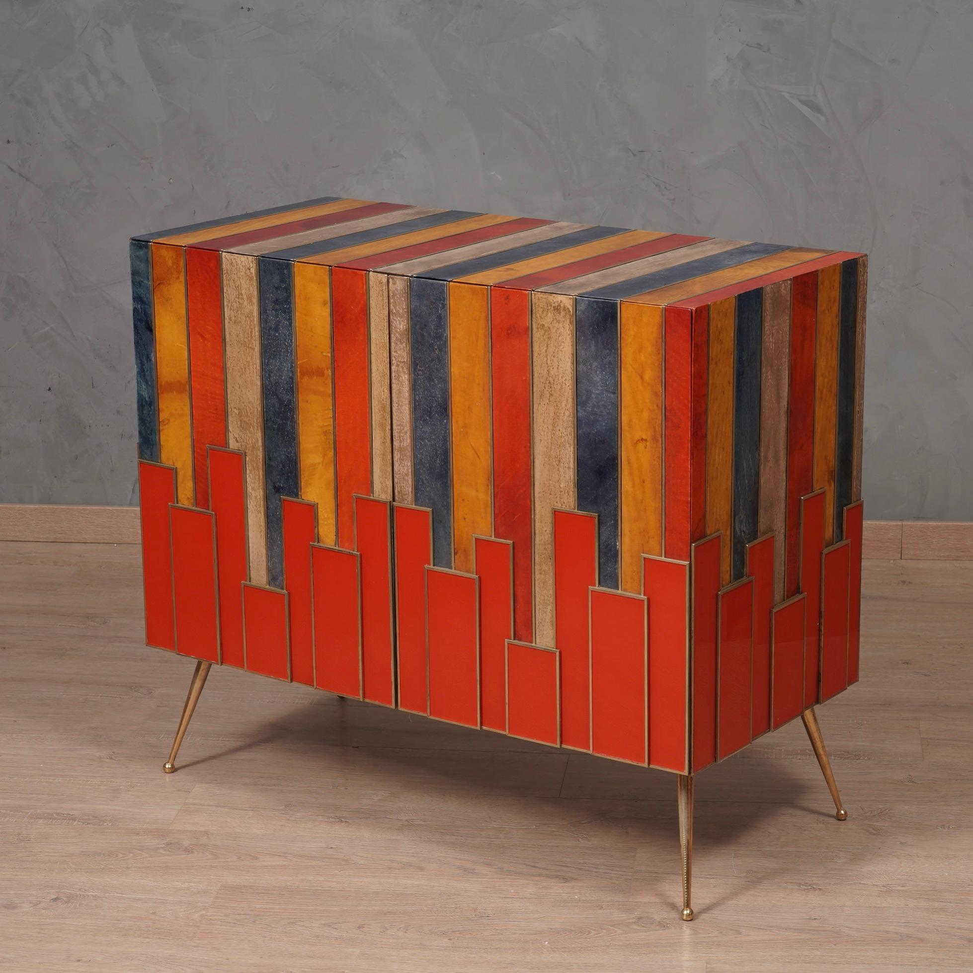 MidCentury Multicolor Goatskin Brass and Red Glass Sideboard, 1980 For Sale 2