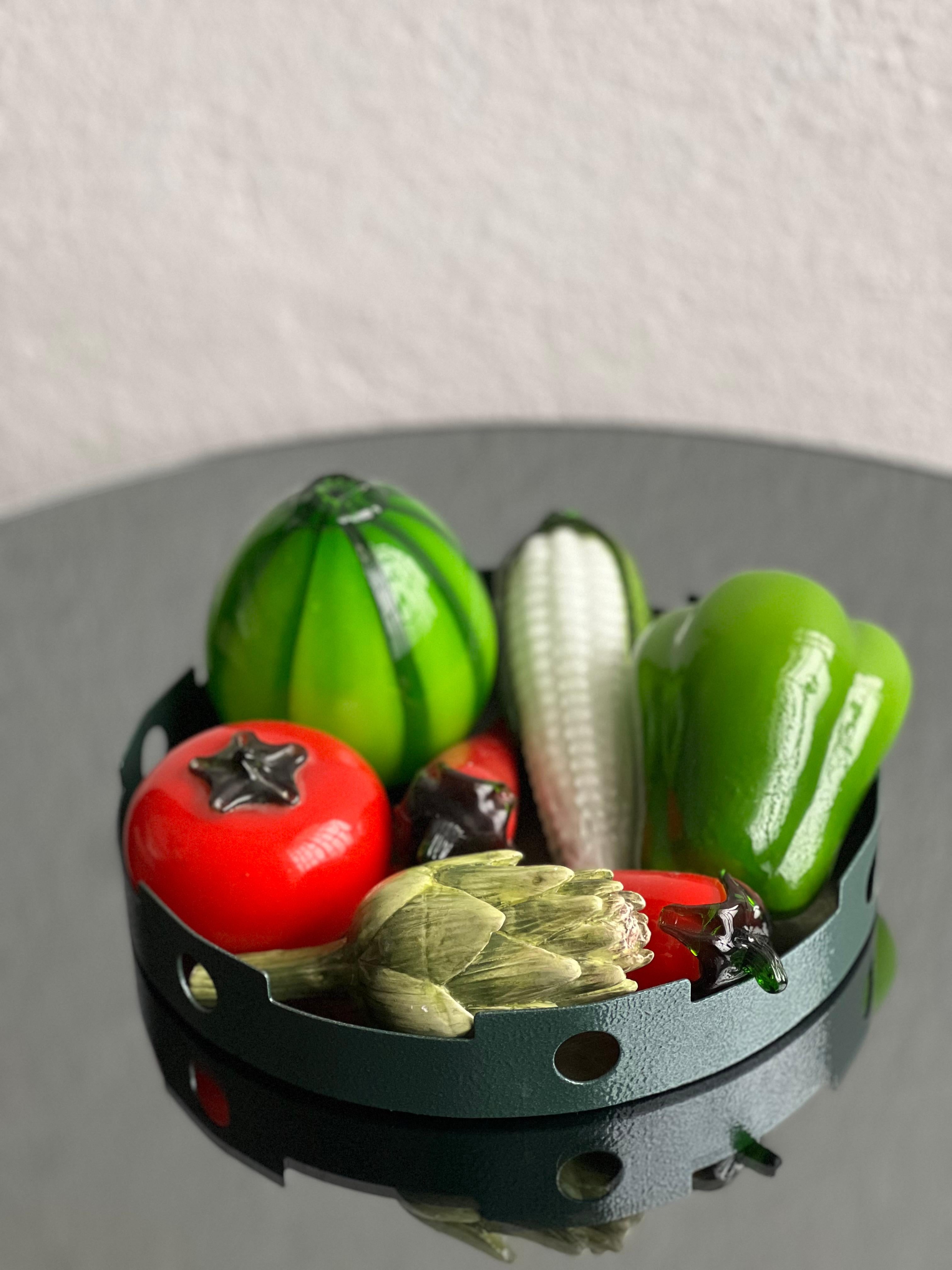 Midcentury Murano Art Glass Fruit & Vegetable Exotic Harvest Sculpture Set
Stunning group of midcentury Italian Murano glass figural sculptures featuring an exotic and rare group of vegetables and fruits that includes watermelon, red tomato, white