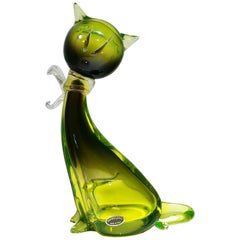 Retro Murano Art Glass Modern Cat Sculpture in Green by Alfredo Barbini