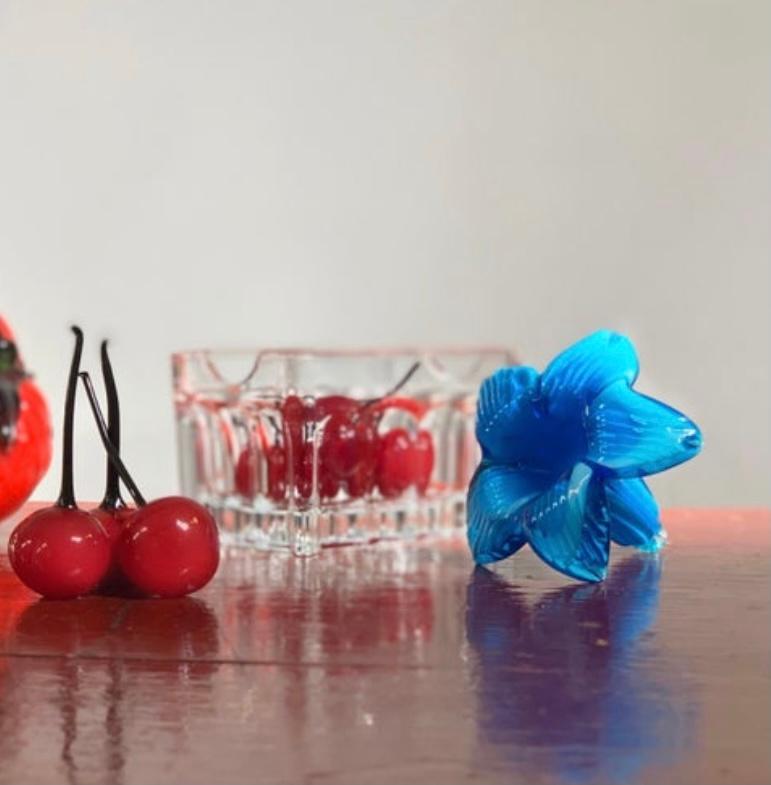 Midcentury Murano art glass summer strawberry and cherry in crystal basket set. Gorgeous fresh pop art installation / group.