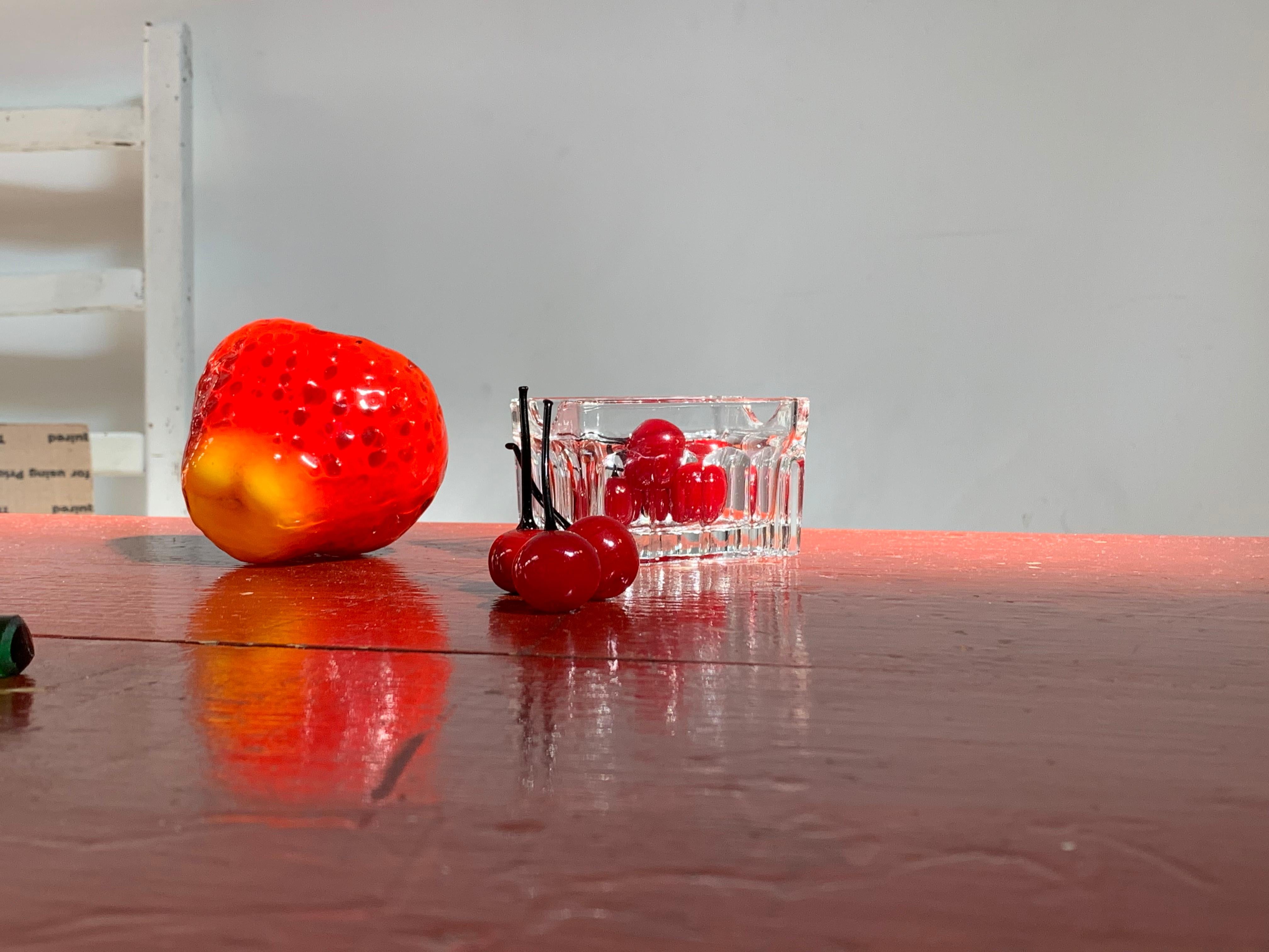 Italian Midcentury Murano Art Glass Summer Cherry in Crystal Basket Set