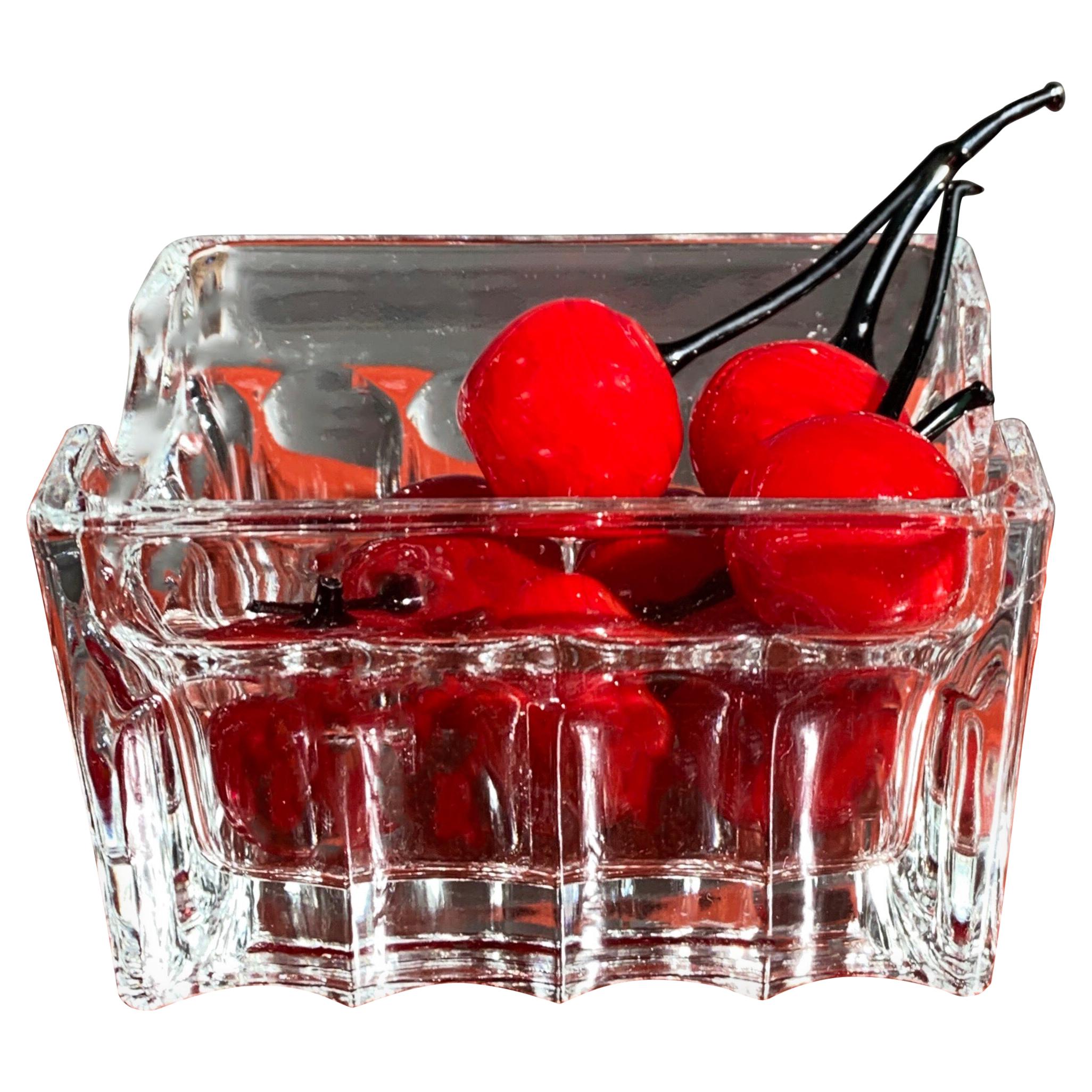 Midcentury Murano Art Glass Summer Cherry in Crystal Basket Set