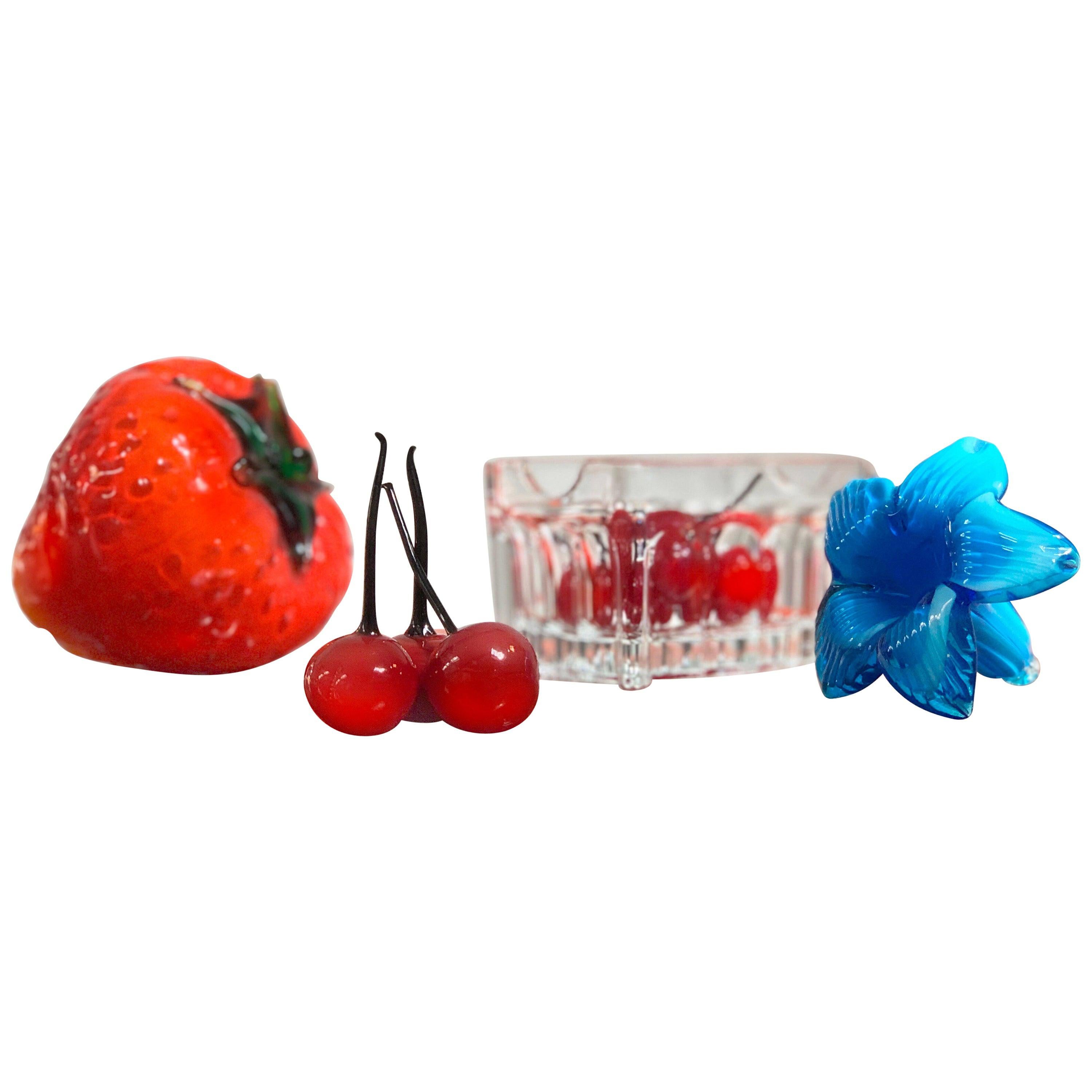 Midcentury Murano Art Glass Summer Strawberry and Cherry in Crystal Basket Set