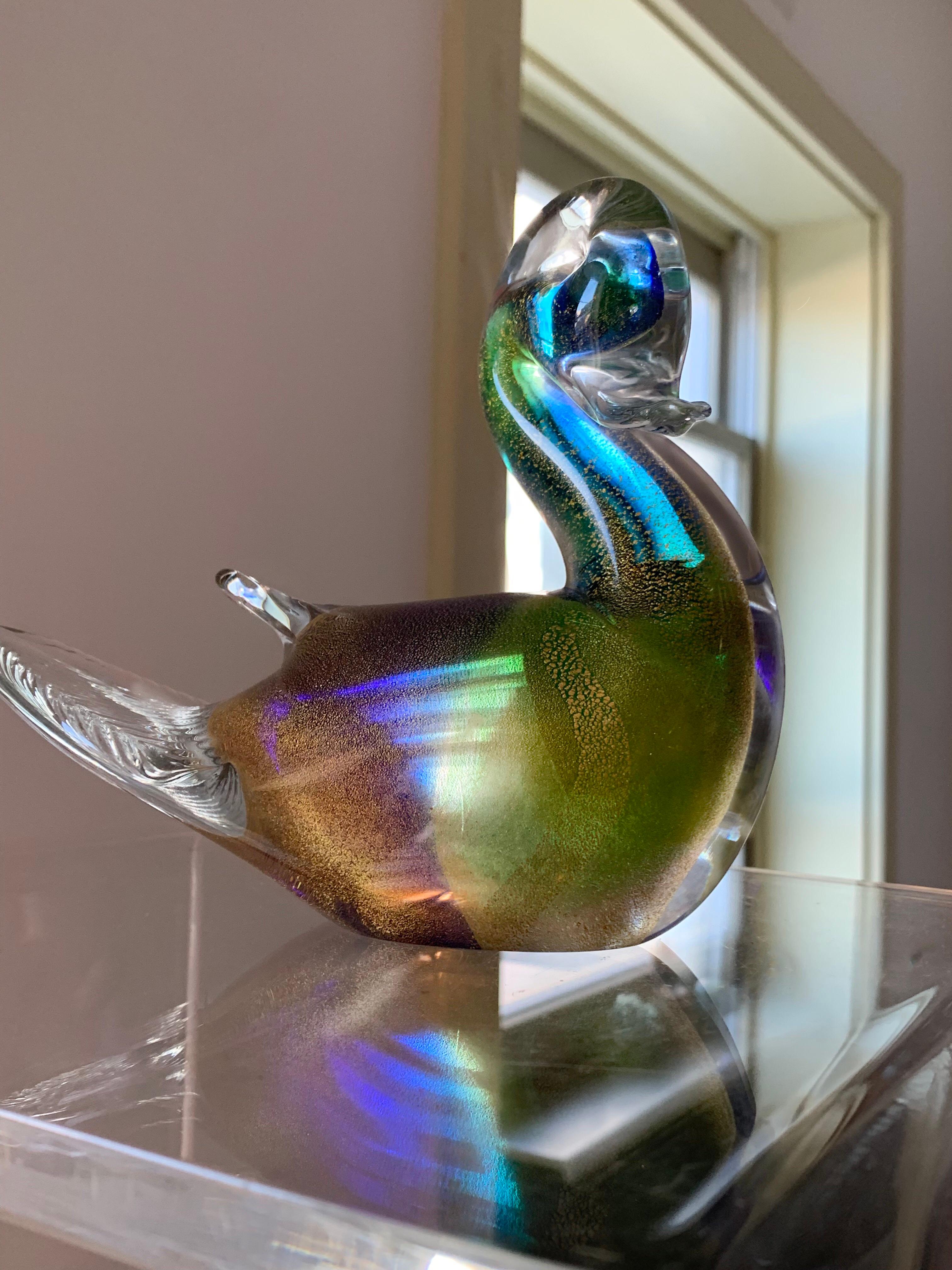 Midcentury Murano Art glass turtledove lovebird 24-karat gold fleck blue green, 1960s. With importers tag. Gorgeous texture at center and ruich color. Poetic, sculptural form. 4 available. Listing is for one.