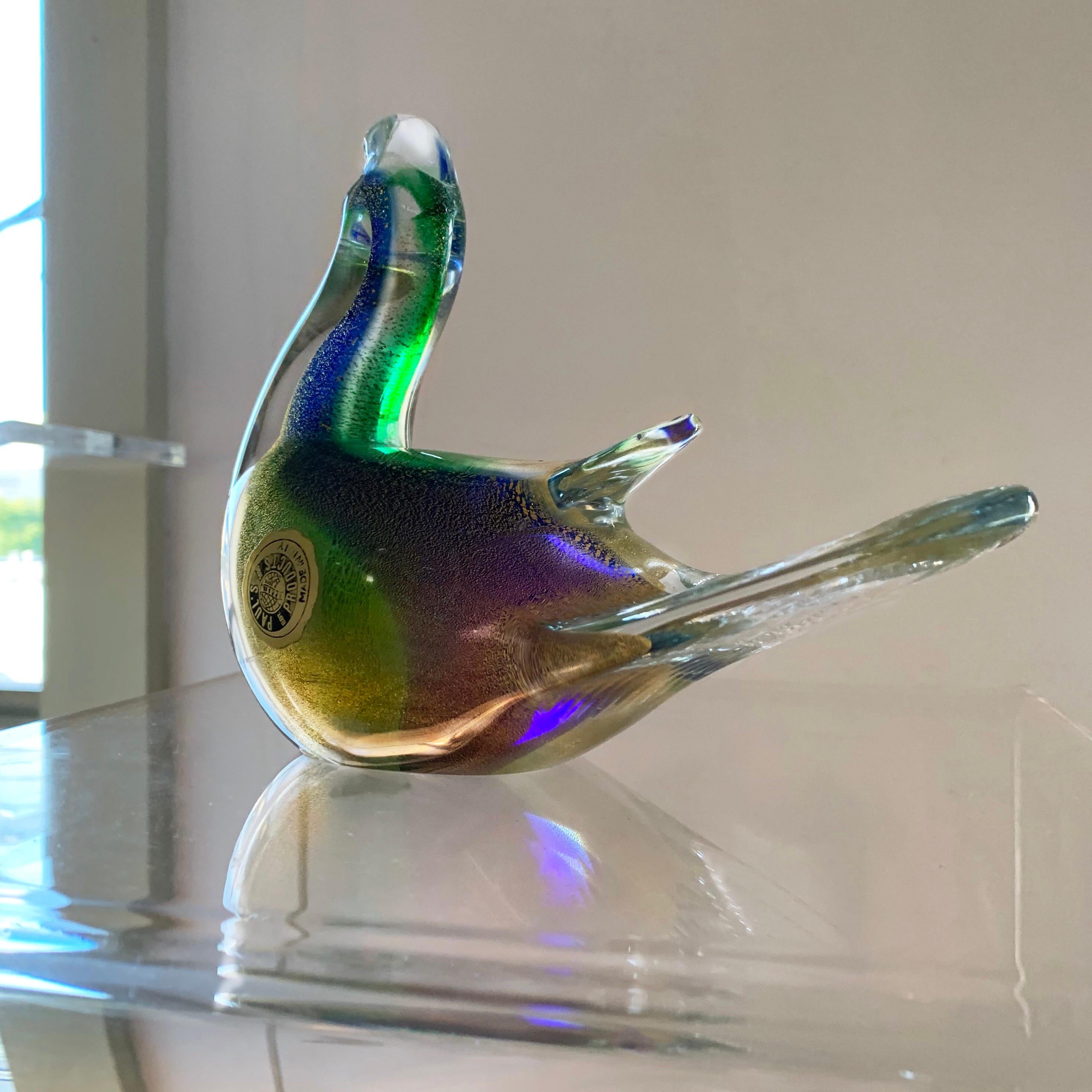 Mid-Century Modern Midcentury Murano Art Glass Turtledove Lovebird 24-Karat Gold Fleck Blue Green