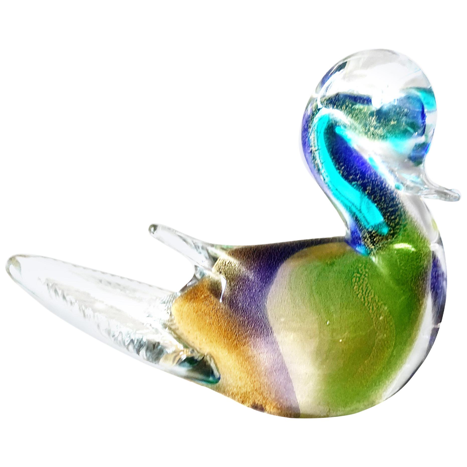 Midcentury Murano Art Glass Turtledove Lovebird 24-Karat Gold Fleck Blue Green