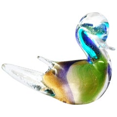 Midcentury Murano Art Glass Turtledove Lovebird 24-Karat Gold Fleck Blue Green