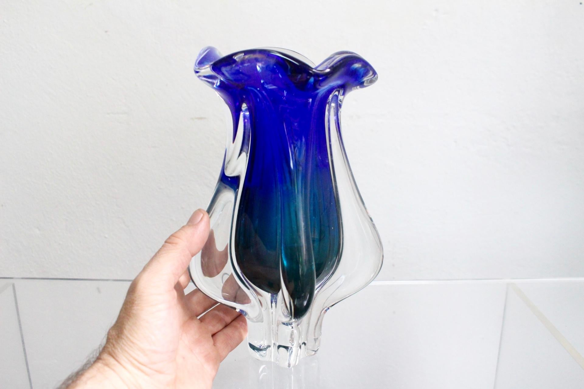 Midcentury Murano Blue and Green Italian Sommerso Glass Vase, 1960s For Sale 8
