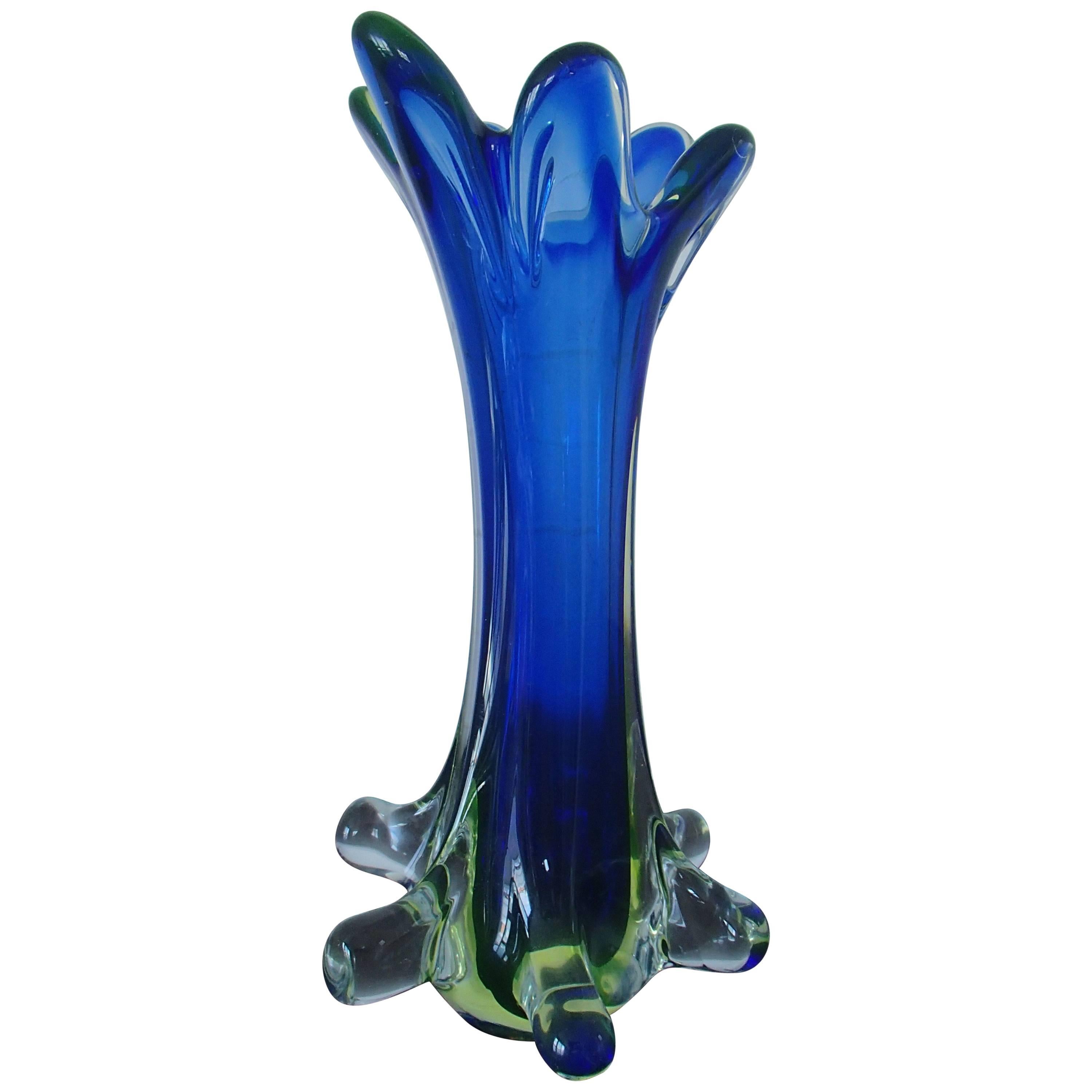 Murano Blue Glass Two Handle Vase For Sale at 1stDibs