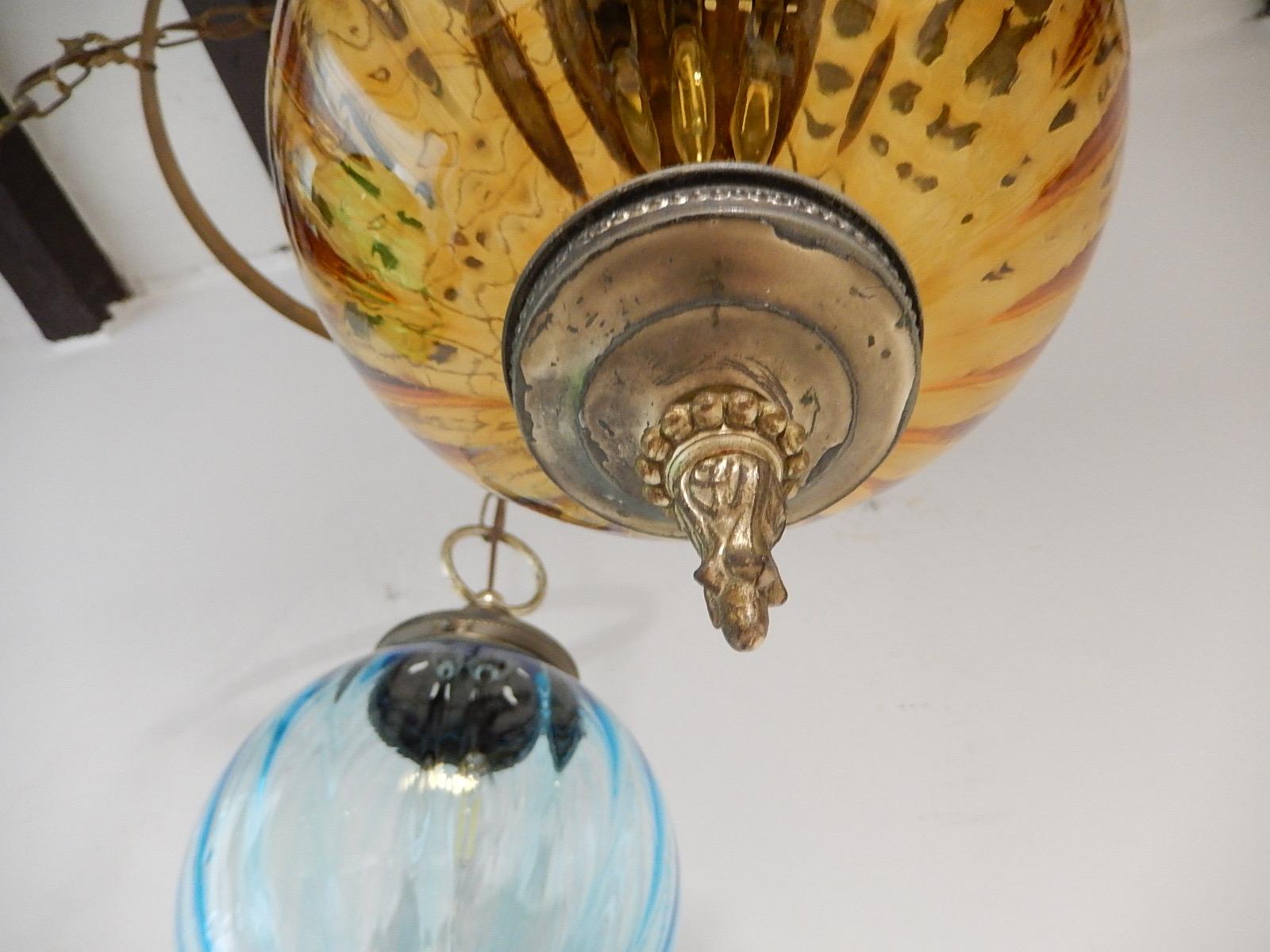 Midcentury Murano Blue Yellow Green Blown Glass Globes Lanterns Chandelier For Sale 3