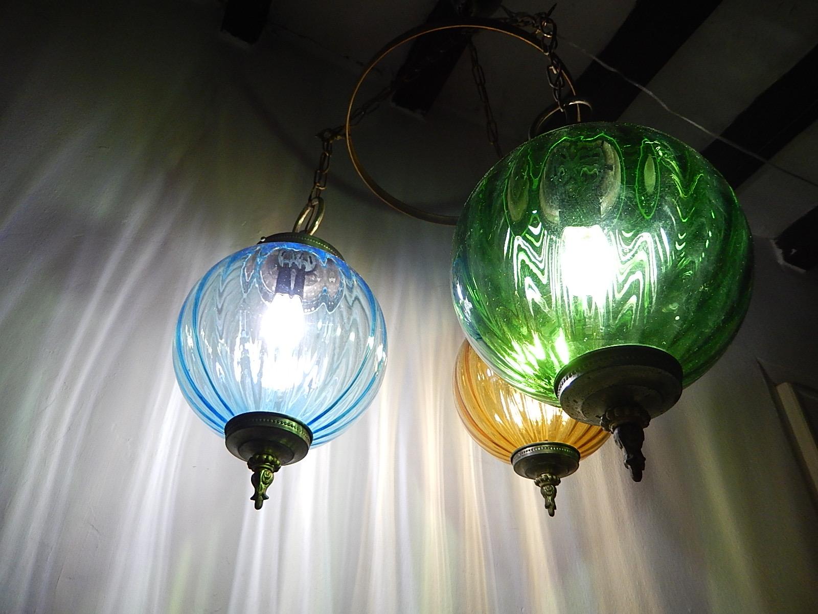 Mid-Century Modern Midcentury Murano Blue Yellow Green Blown Glass Globes Lanterns Chandelier For Sale