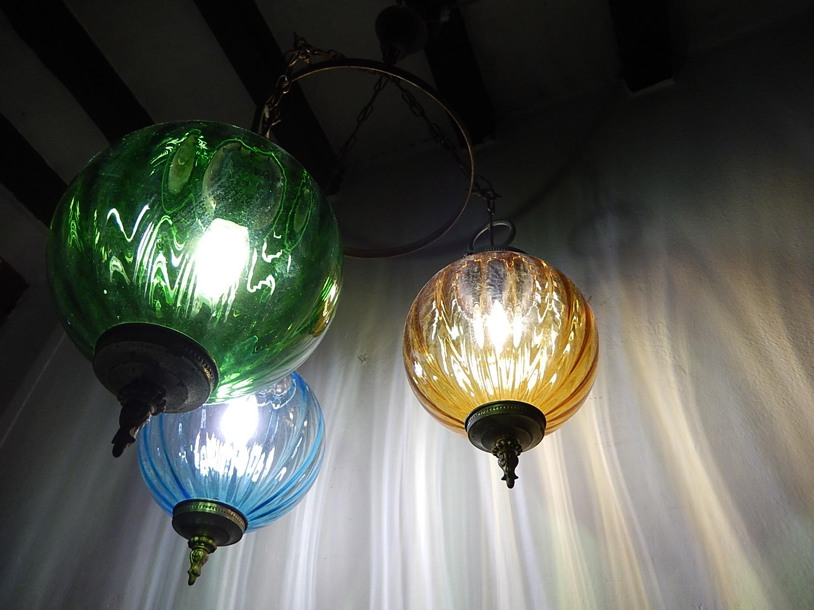 Italian Midcentury Murano Blue Yellow Green Blown Glass Globes Lanterns Chandelier For Sale