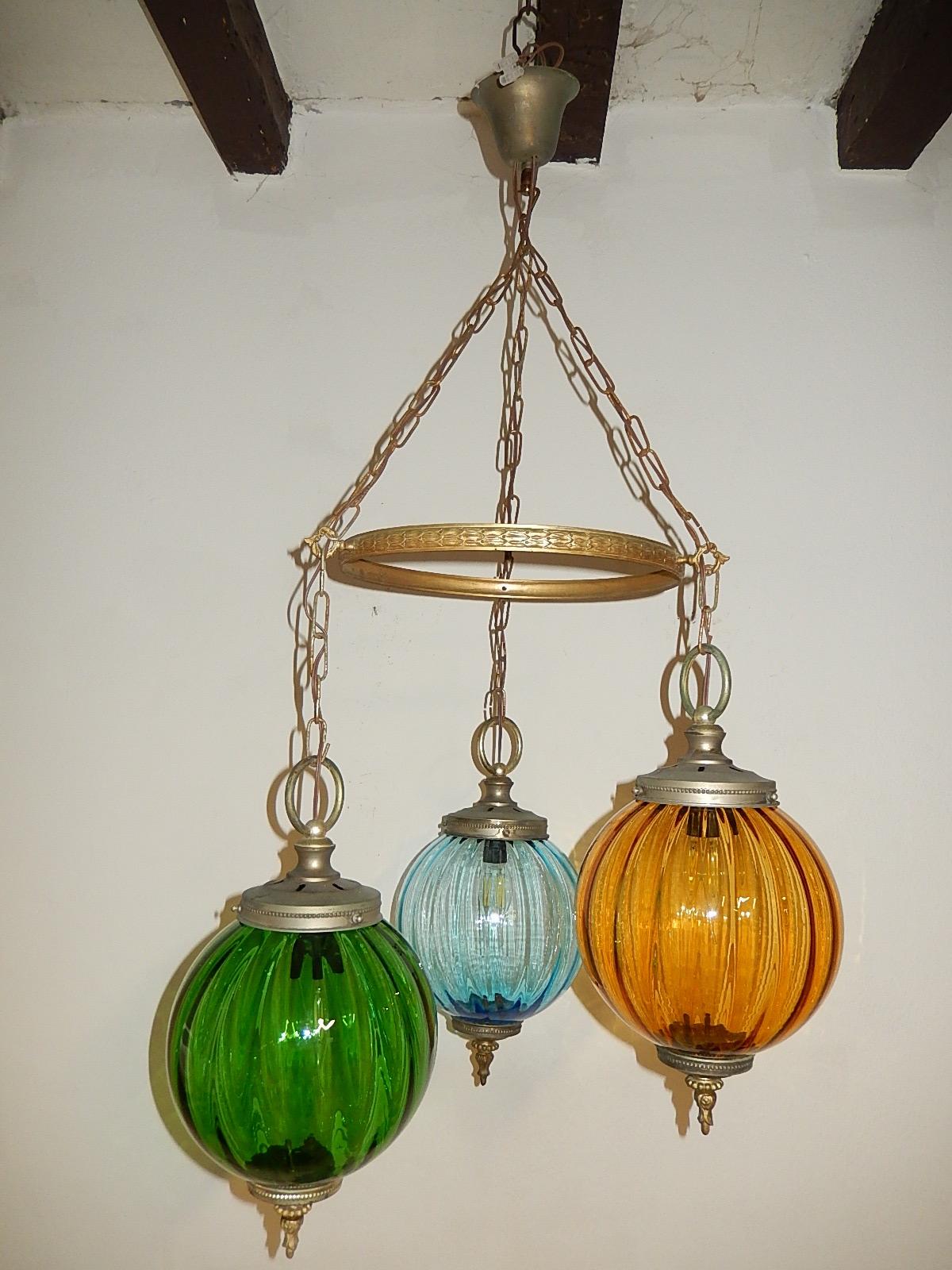 Mid-20th Century Midcentury Murano Blue Yellow Green Blown Glass Globes Lanterns Chandelier For Sale