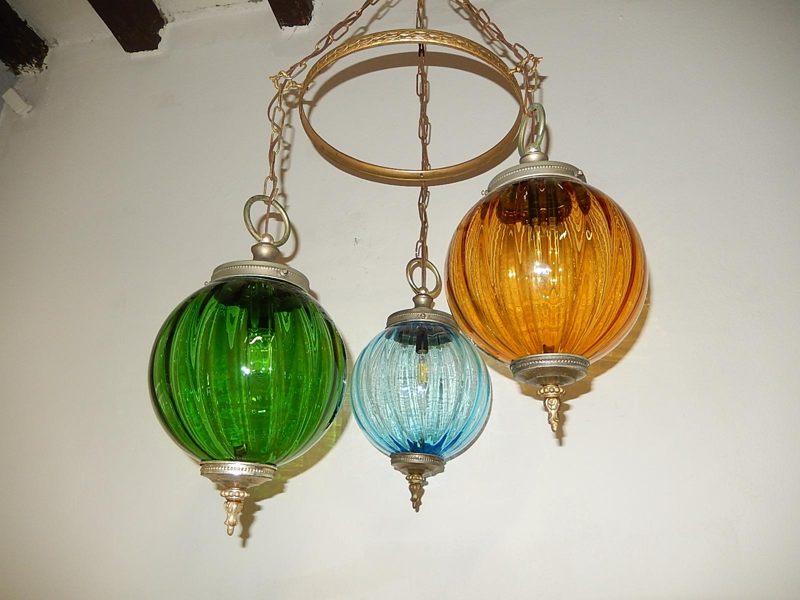 Murano Glass Midcentury Murano Blue Yellow Green Blown Glass Globes Lanterns Chandelier For Sale