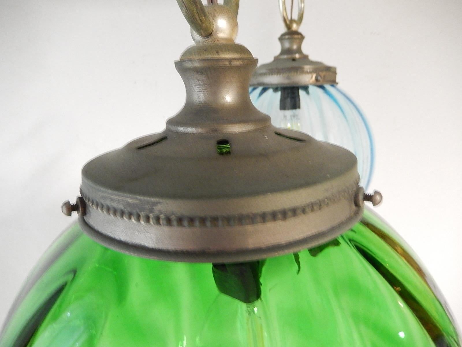 Midcentury Murano Blue Yellow Green Blown Glass Globes Lanterns Chandelier For Sale 1