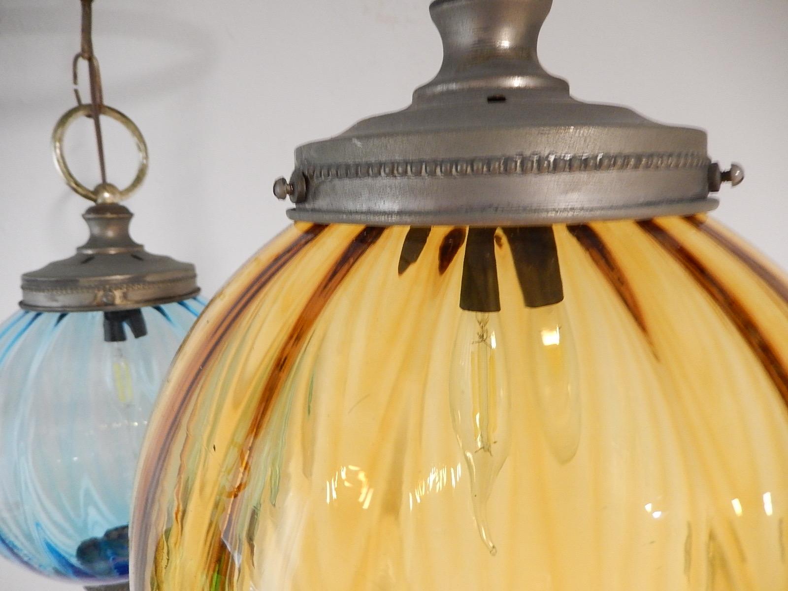 Midcentury Murano Blue Yellow Green Blown Glass Globes Lanterns Chandelier For Sale 2