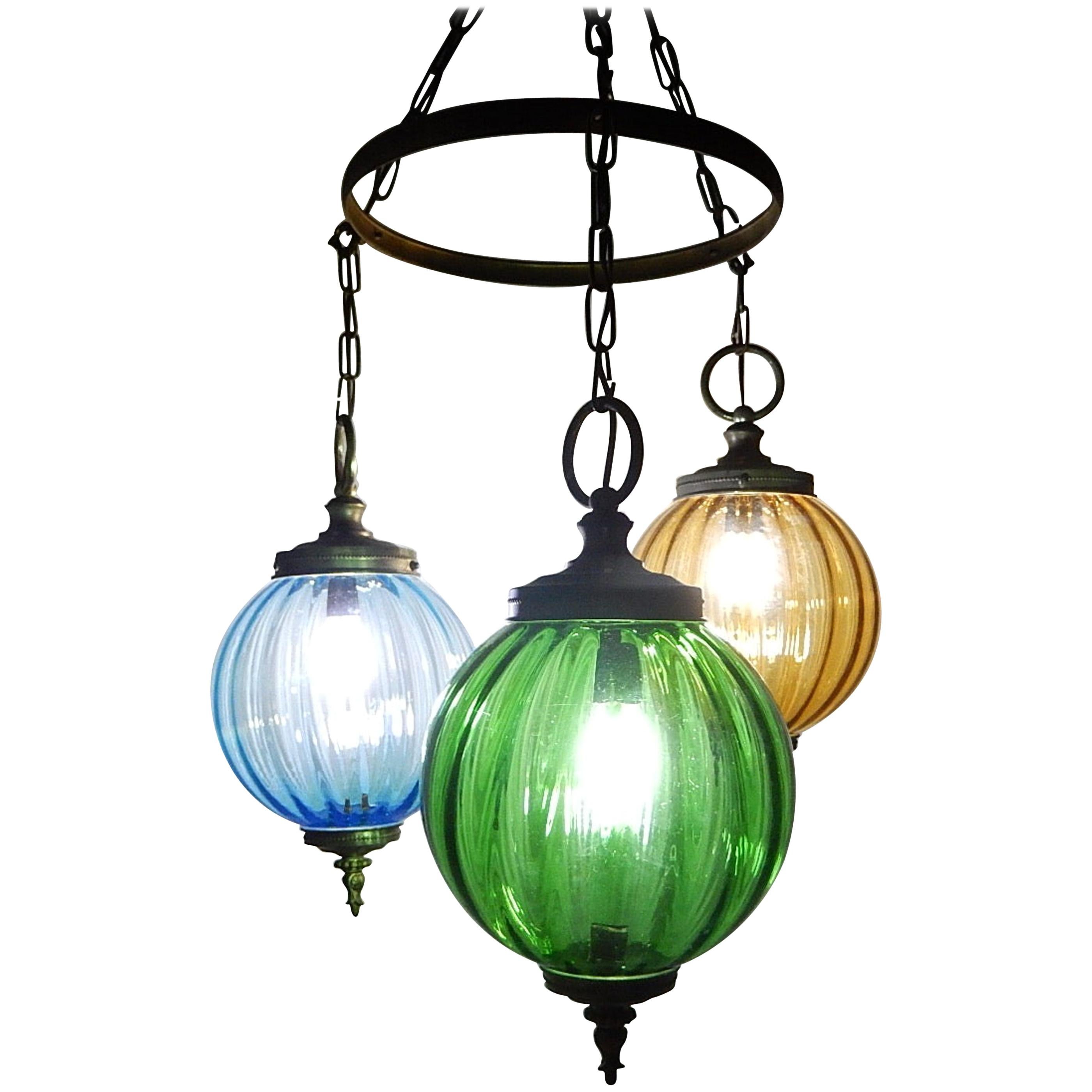 Midcentury Murano Blue Yellow Green Blown Glass Globes Lanterns Chandelier For Sale